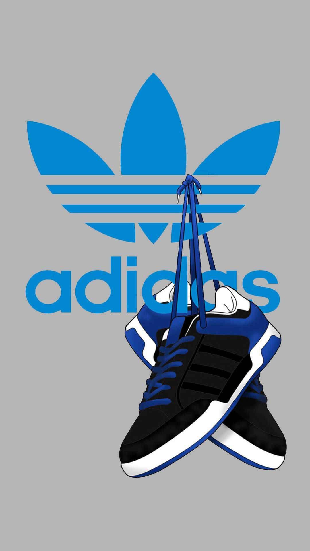Samsung Galaxy S4 桌布 壁紙 — 藍色和黑色的Adidas運動鞋用鞋帶掛在灰色背景上，背景有一個大的藍色Adidas標誌。