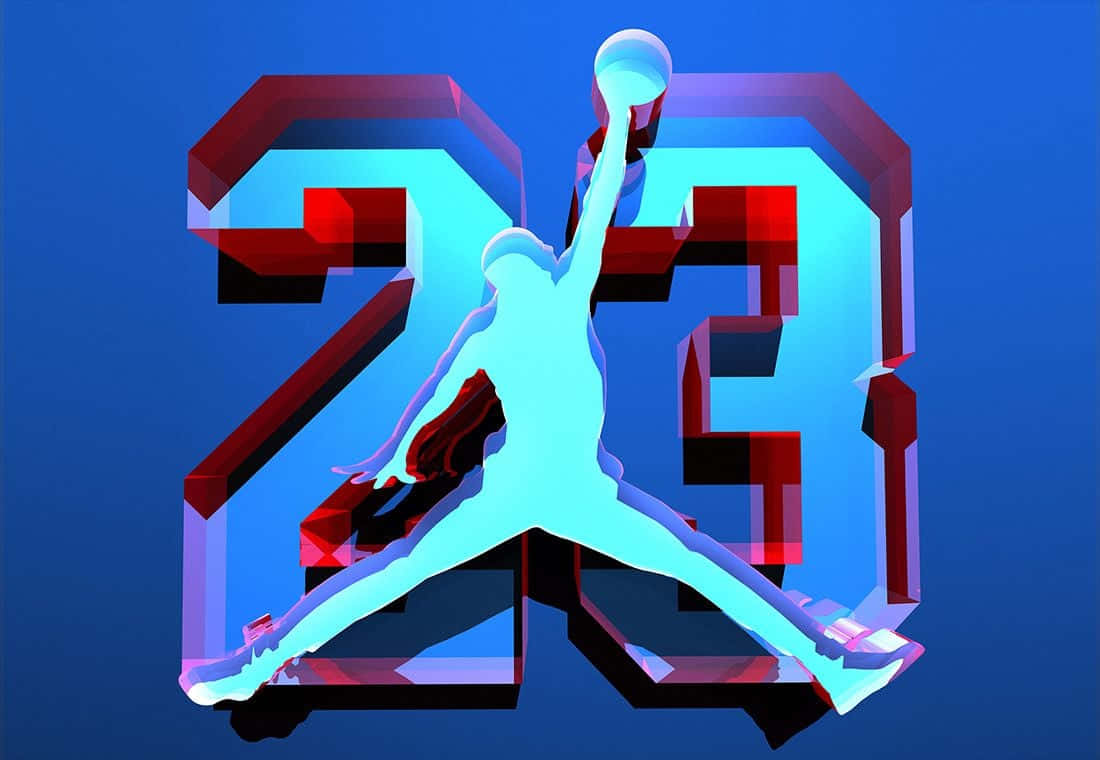 藍色喬丹 Jumpman 23 標誌 壁紙 — 一個發光青色剪影的籃球運動員在半空中投籃，穿過一個大膽的3D數字23，背景是深藍色。