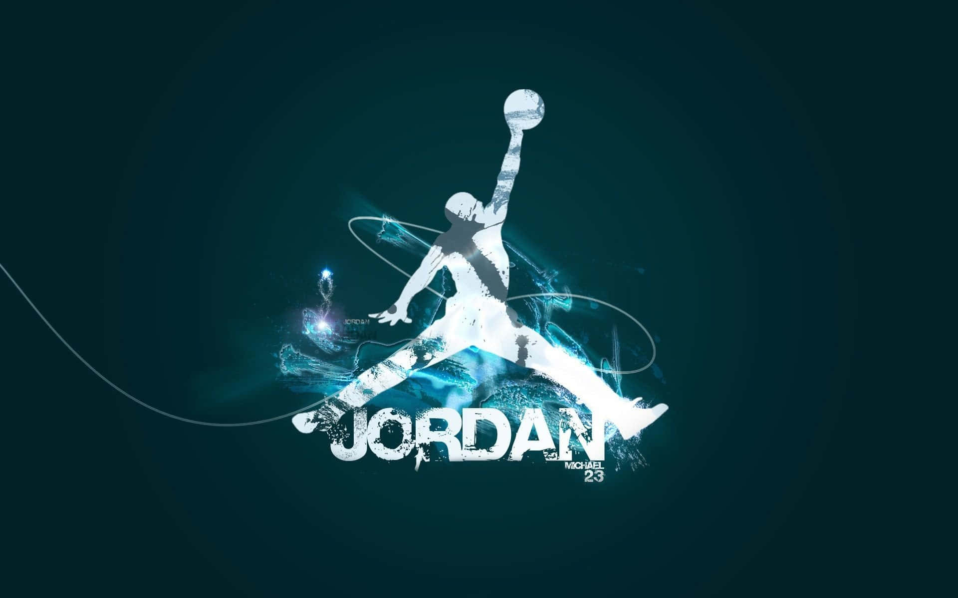 藍色喬丹 Jumpman 標誌 壁紙 — 一個動態的白色剪影，描繪米高佐敦在半空中入樽，背景為深藍綠色，帶有發光藍色能量效果。