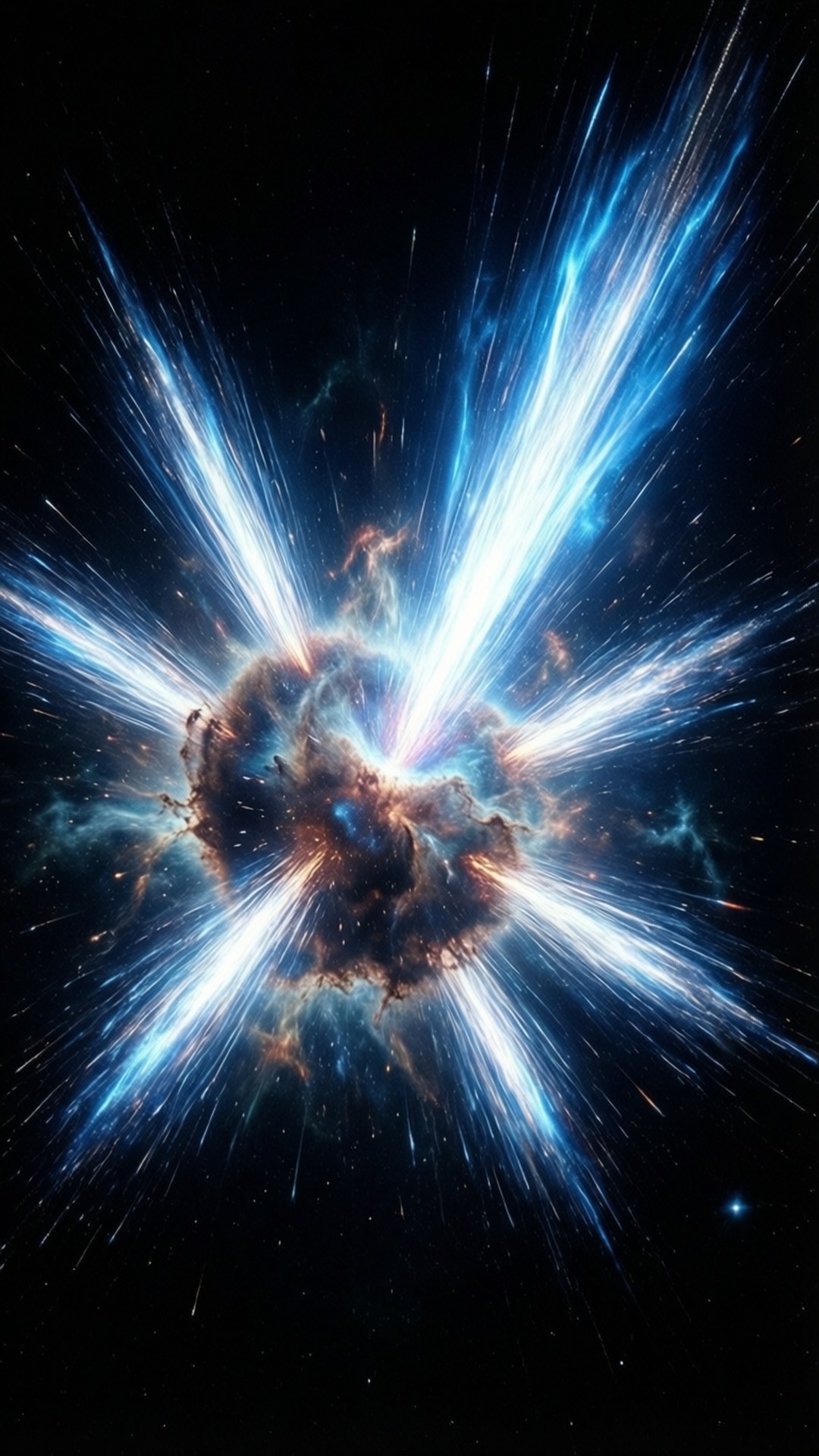 藍色噴流天體 壁紙 — 一場宇宙爆炸從旋轉星雲中輻射出燦爛的藍色光束，映襯著繁星點點的黑色虛空。
