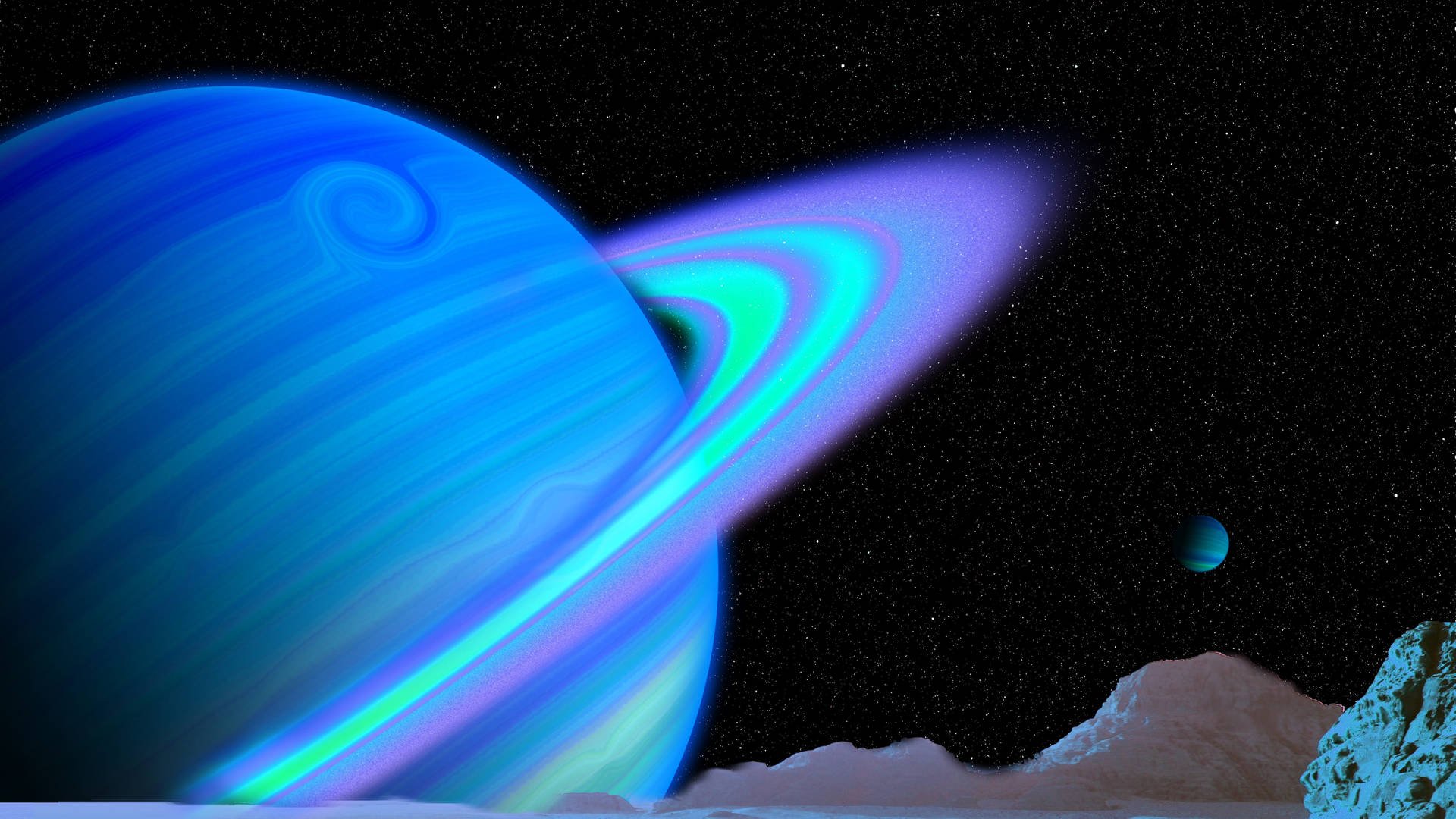 在星空下從外星景觀看到的藍色環狀行星