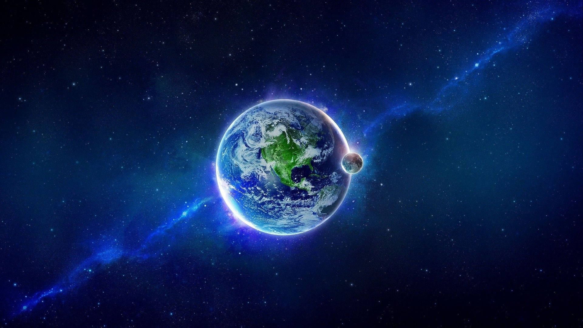 在深空中被星星和發光藍色星雲包圍的地球。