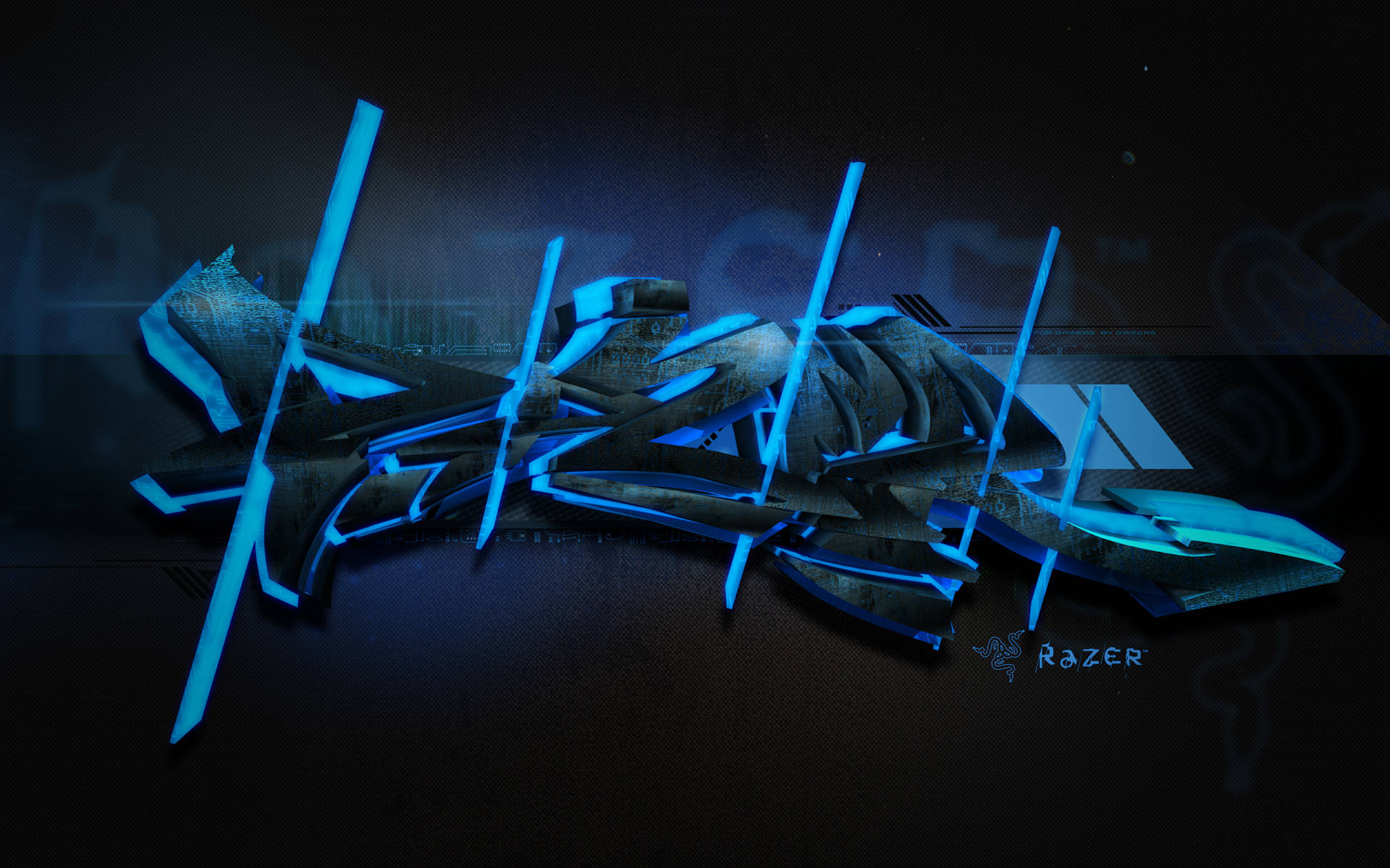 藍色塗鴉風格Razer PC藝術 壁紙 — 發光藍色3D渲染的Razer標誌，帶有尖銳幾何碎片，背景為深色紋理。