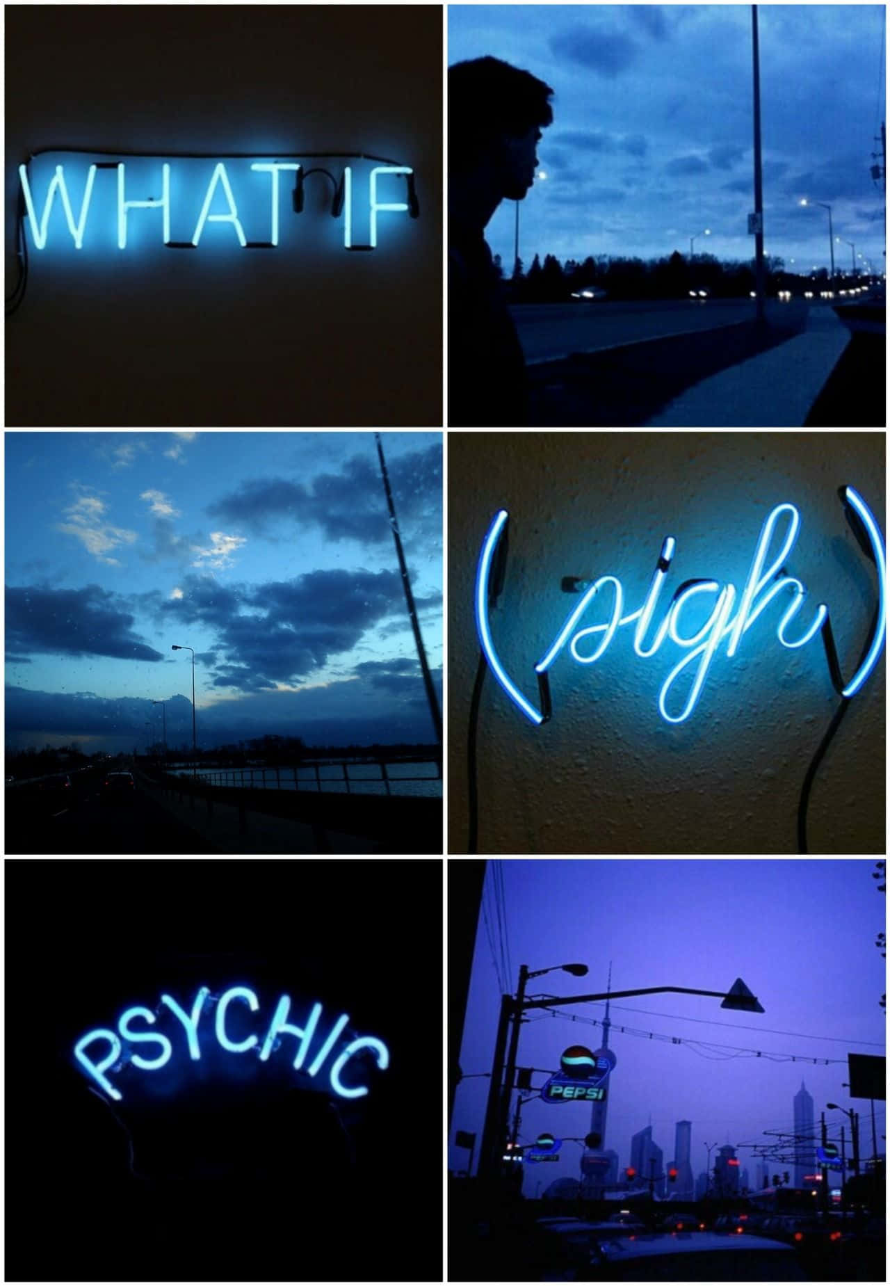 藍色霓虹燈牌，上面有「WHAT IF」、「(sigh)」和「PSYCHIC」字樣，在黃昏的黑暗城市中發光。
