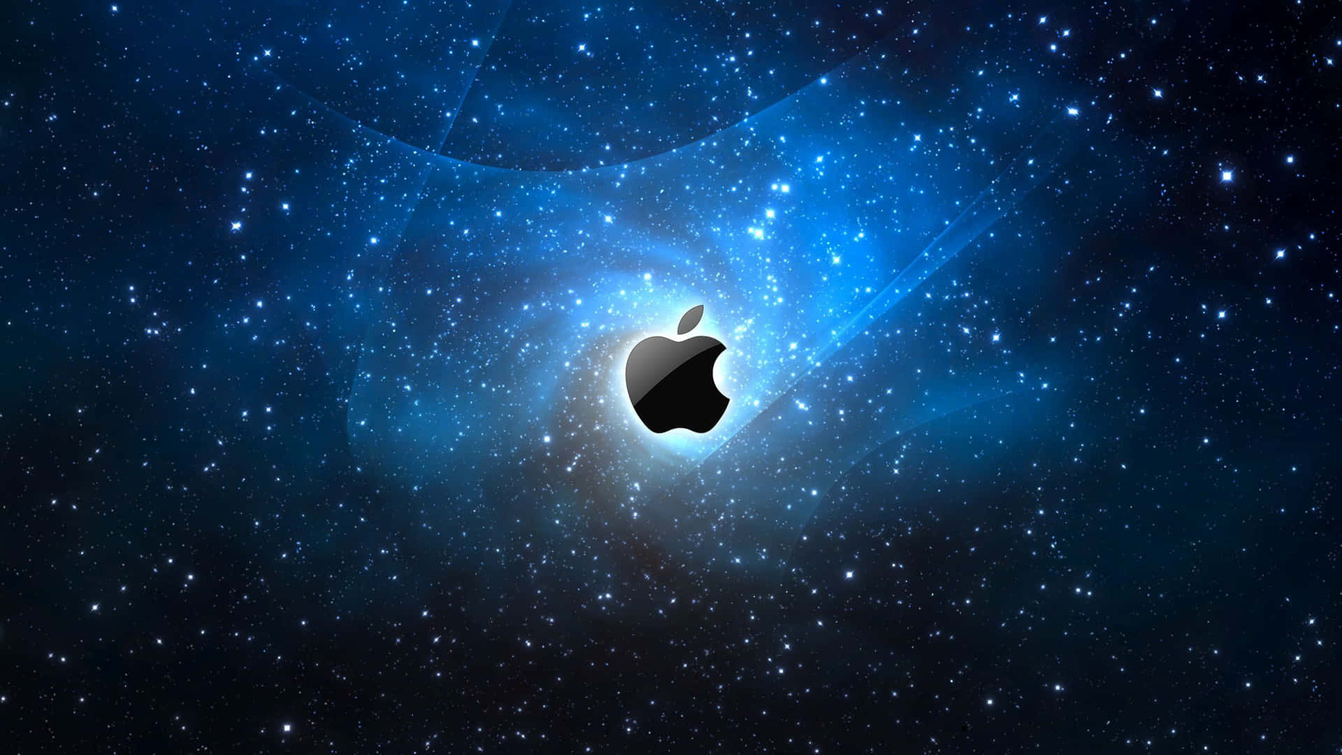 Apple標誌位於充滿活力的藍色星野星雲中心。