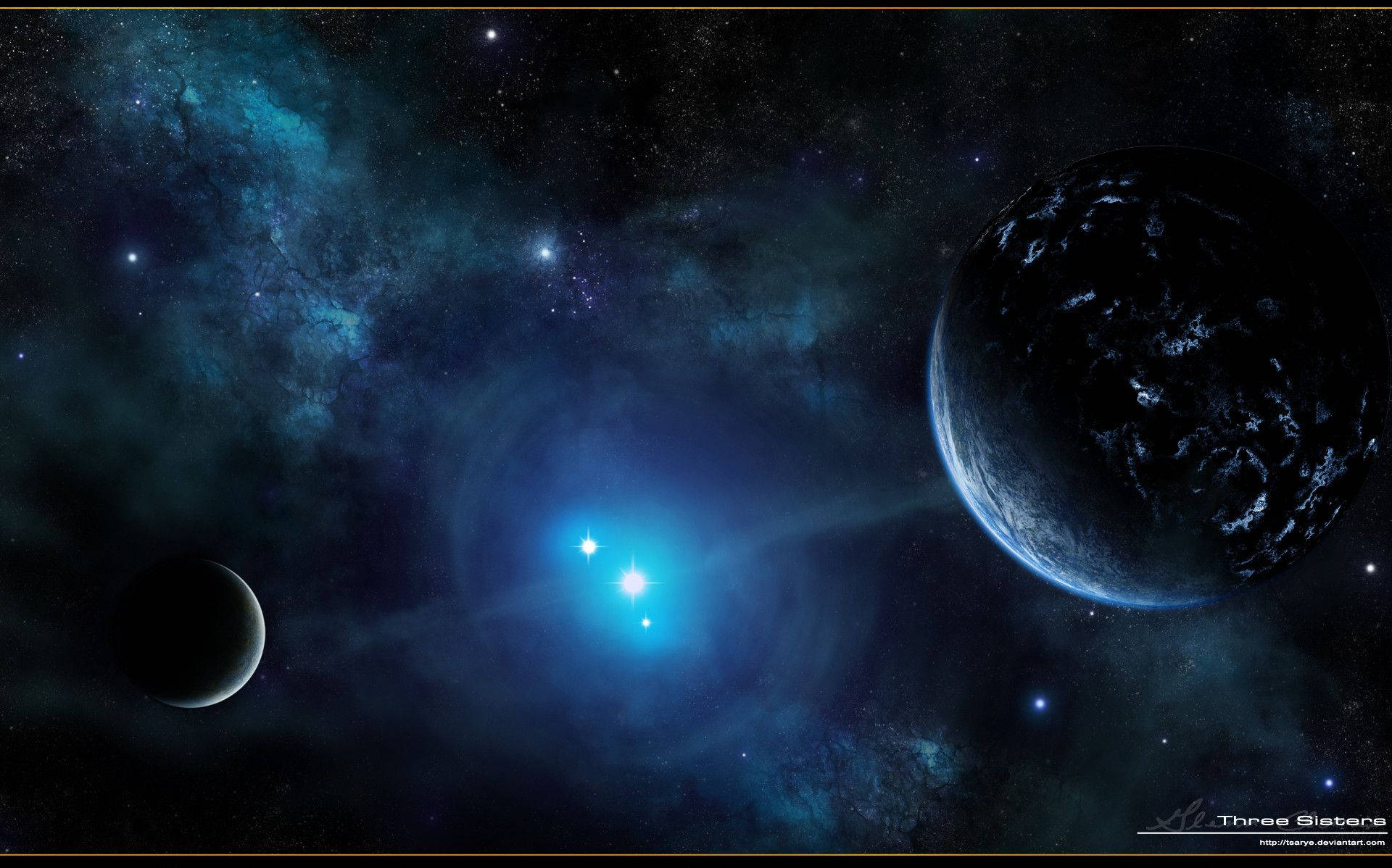 藍色太空行星手機壁紙 壁紙 — 一個宇宙場景，兩顆行星圍繞著一顆明亮的藍色恆星運行，周圍環繞著旋轉的藍綠色星雲和遙遠的恆星。