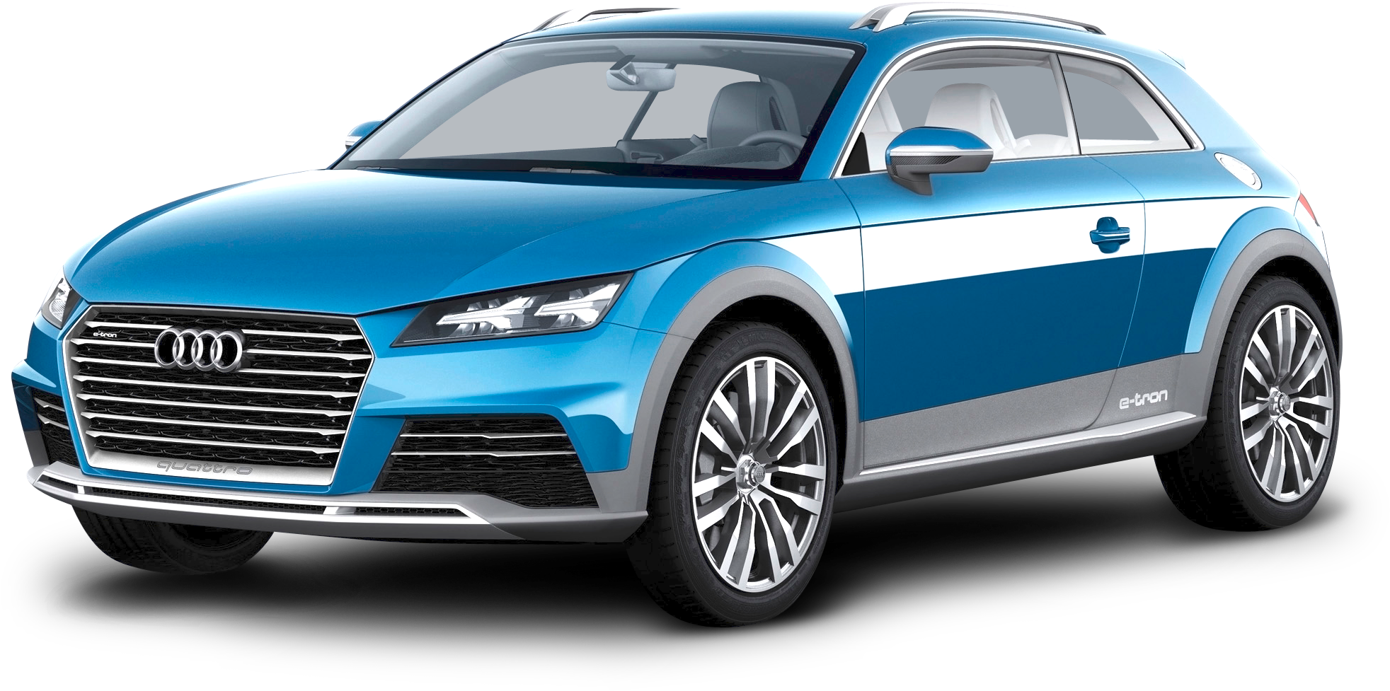 藍色奧迪e-tron側面視圖 壁紙 — 一輛時尚的藍白 Audi e-tron SUV，帶有銀色飾邊和合金輪圈，在工作室燈光下展示。