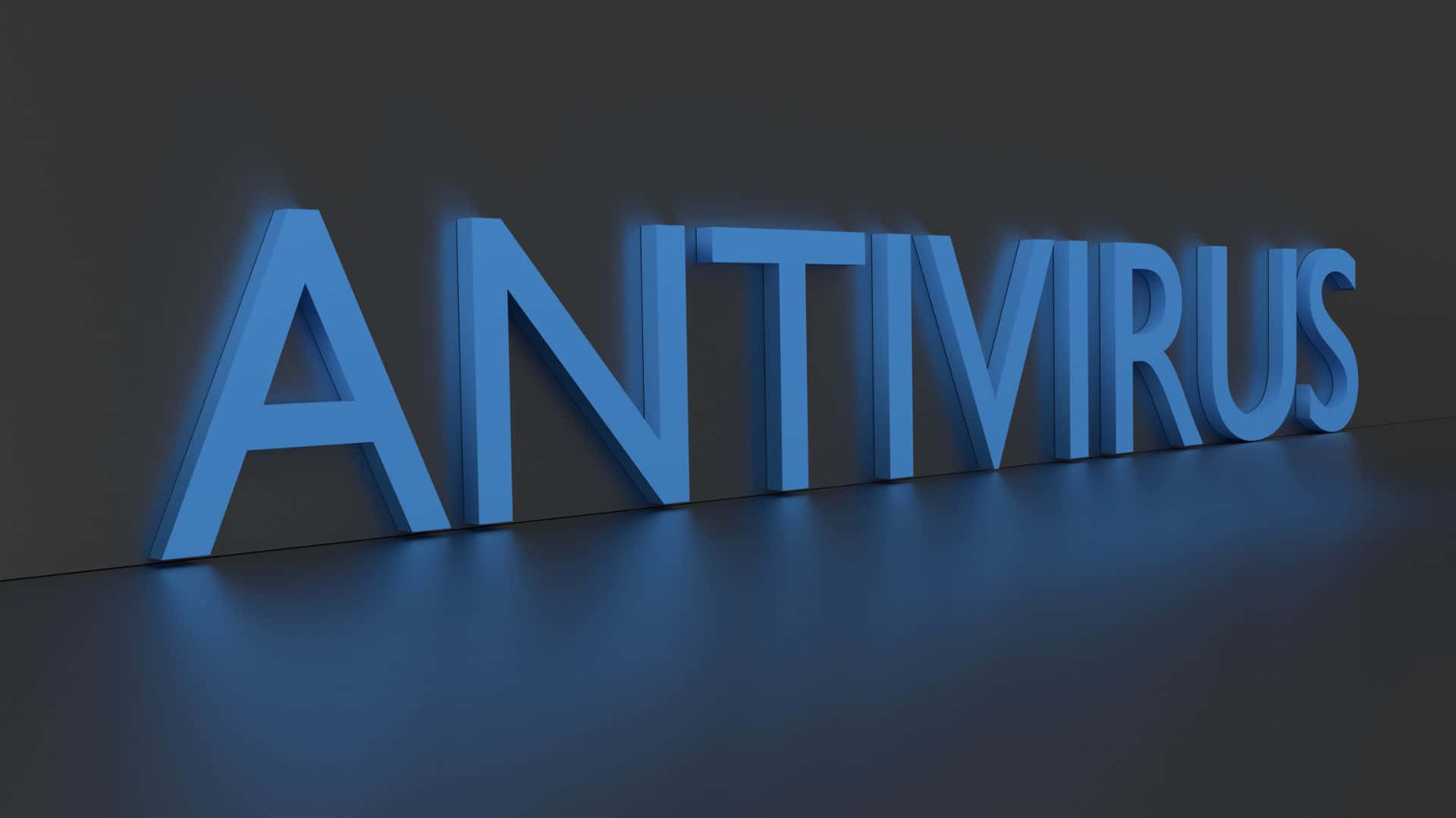 藍色3D防病毒文字在深灰色表面上發光。