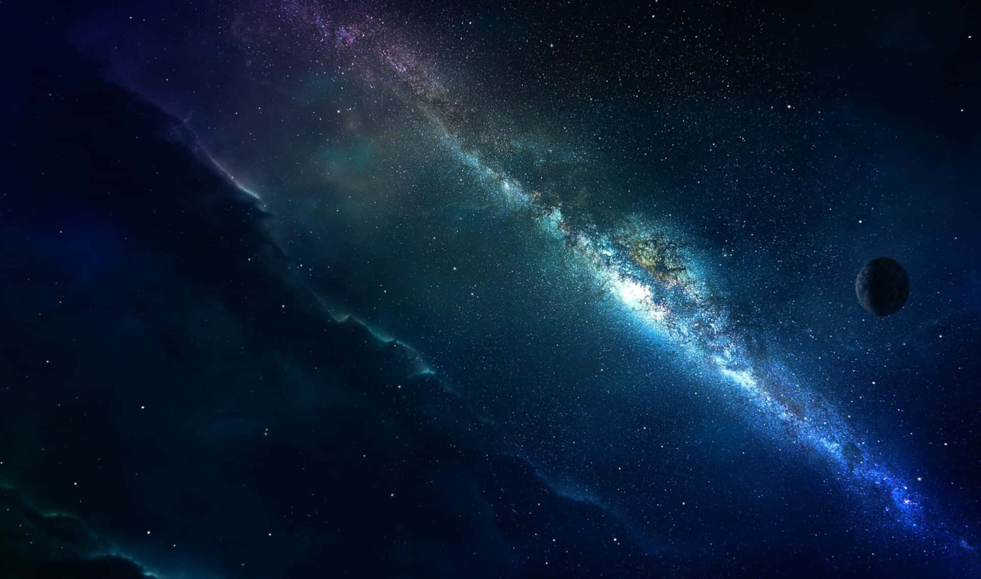 一個充滿活力的螺旋星系，帶有藍色和紫色色調，主宰著一個繁星點點的宇宙場景，遠處有一顆行星。