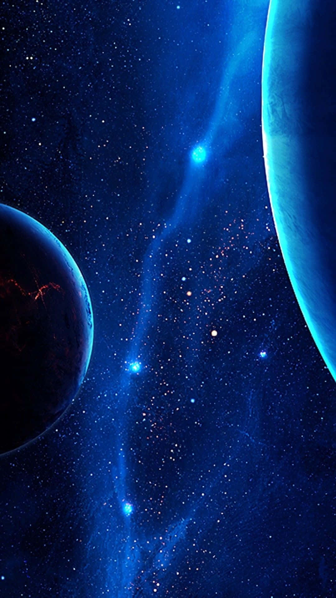 兩顆行星在佈滿星星的藍色星雲中運行，伴隨著發光的宇宙塵埃。