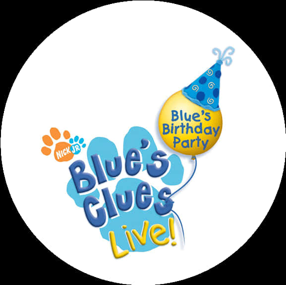 藍色小狗現場生日派對標誌 壁紙 — Blue's Clues Live 的歡樂標誌，包含藍色腳印、黃色氣球附派對帽，以及 Nick Jr. 品牌標示。