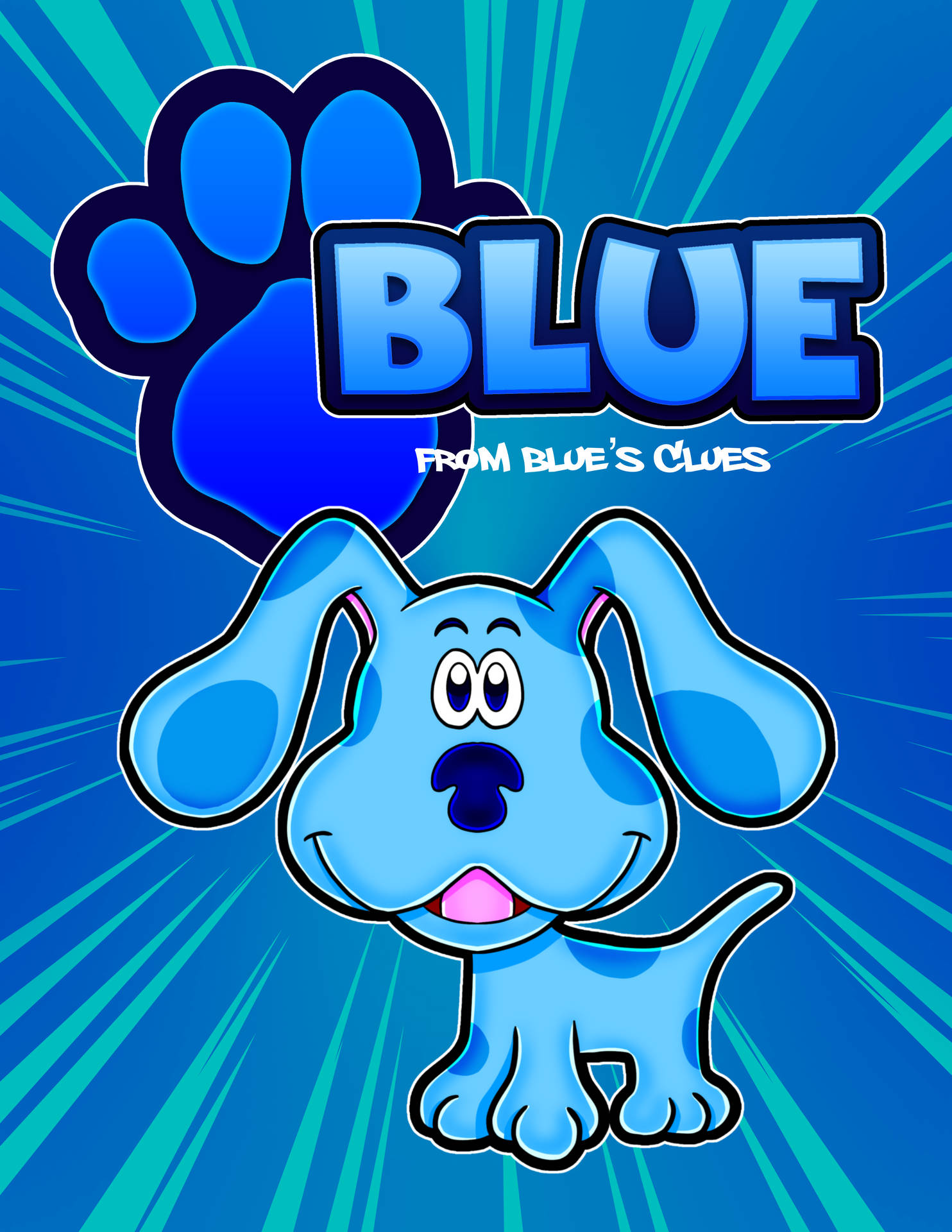 Blue's Clues 中的狗 Blue 微笑，帶有藍色爪印和標題。