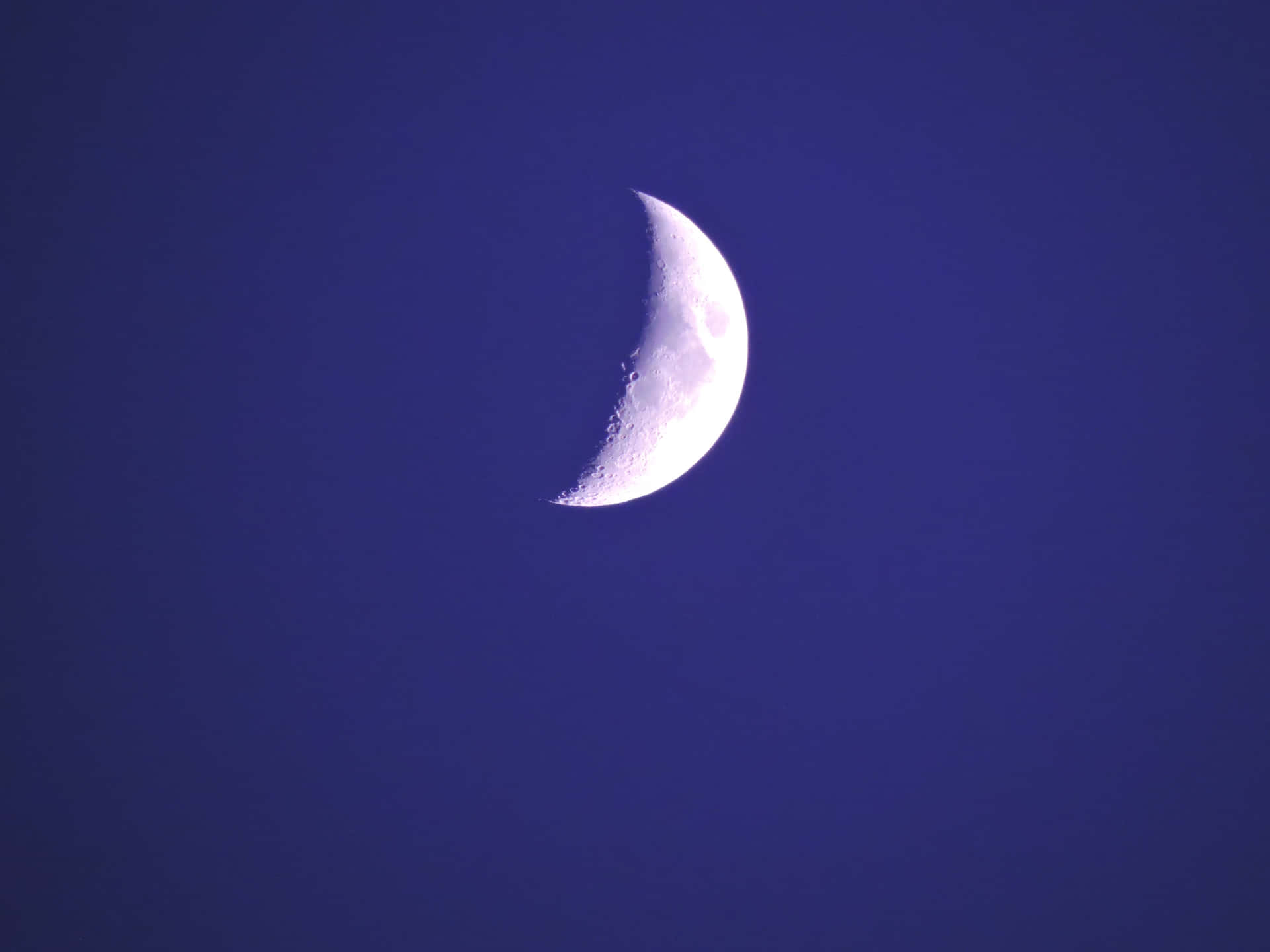 藍色彎月圖 壁紙 — 一彎纖細的月牙在深靛藍色的夜空中柔和地發光。