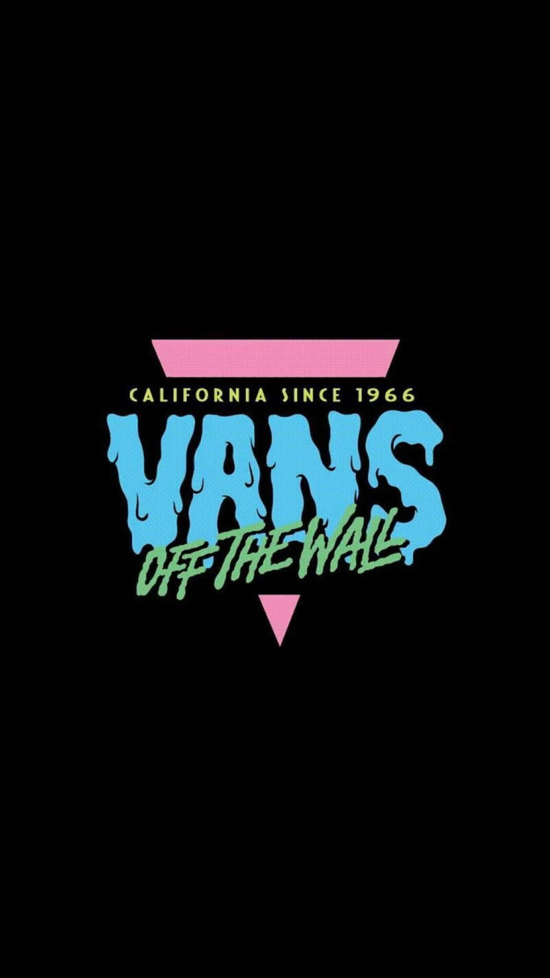 Vans Off The Wall標誌，帶有滴落的藍色文字和粉紅色形狀，背景為黑色。