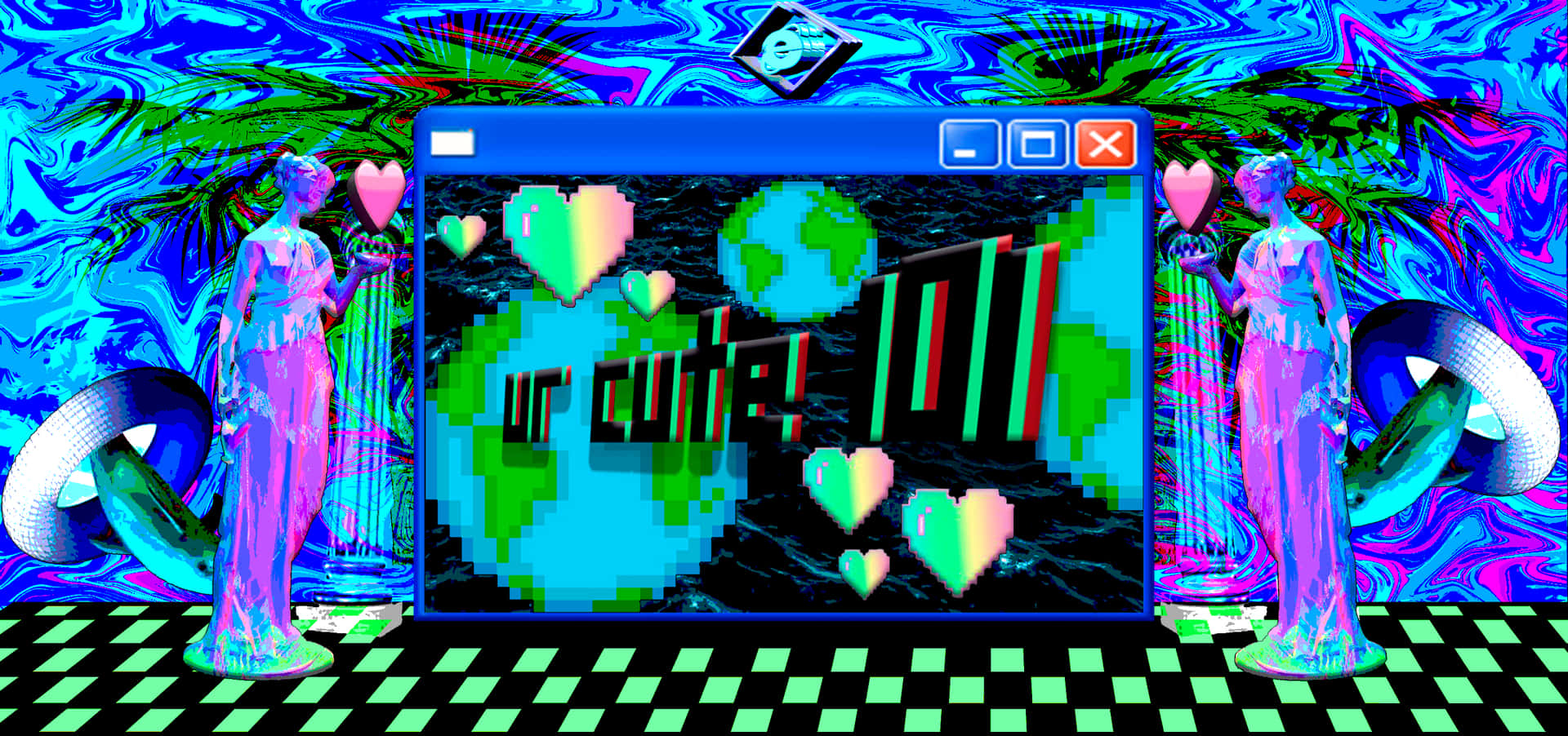 像素化窗戶帶有「ur cute!」文字，兩側有發光雕像，地板為棋盤格。