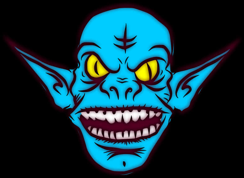 藍色惡魔插畫 壁紙 — 一個帶有發光黃色眼睛和尖銳牙齒的威脅性藍色哥布林面孔，背景為黑色。