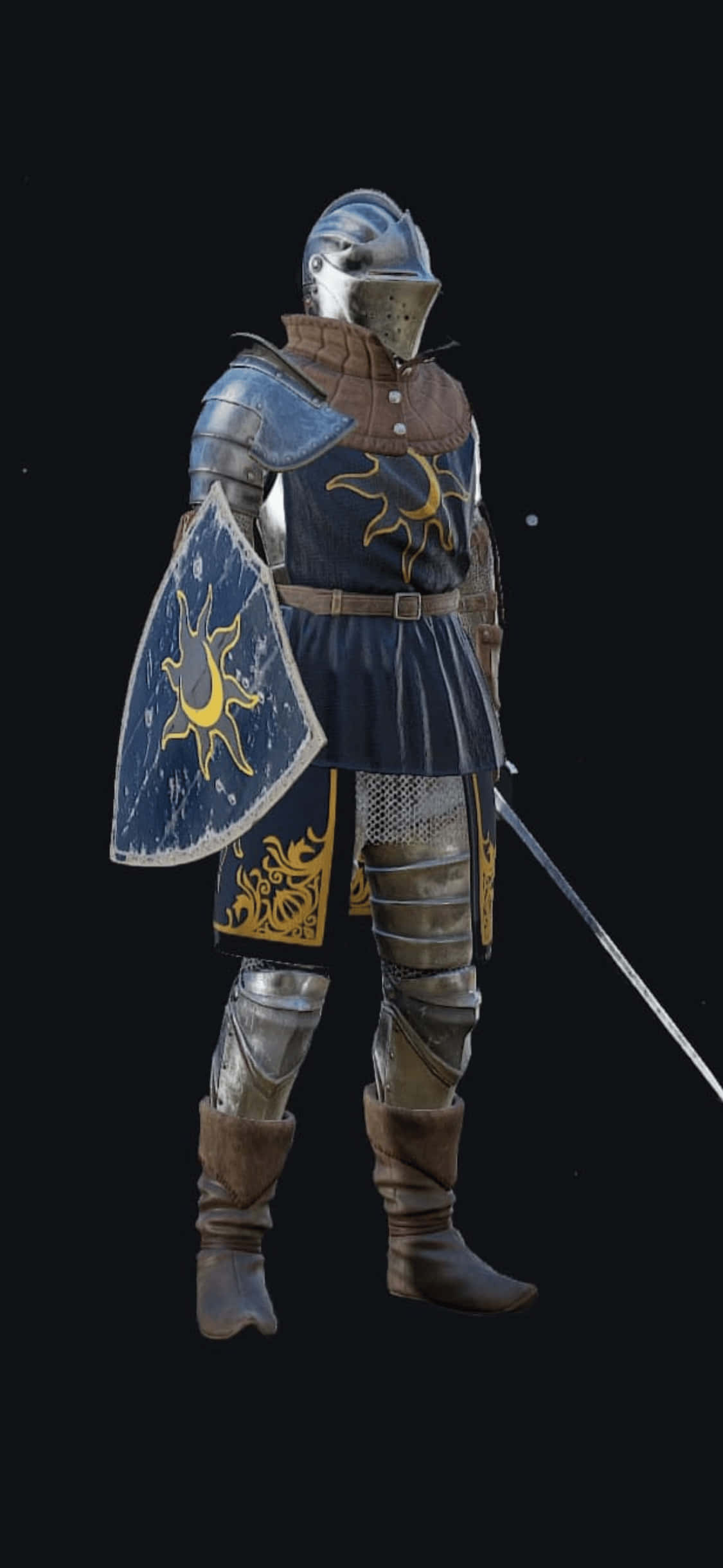藍色戰士 iPhone XS Mordhau 背景 壁紙 — 一位身穿精細藍金色盔甲的騎士，在黑色背景前手持盾牌和劍。