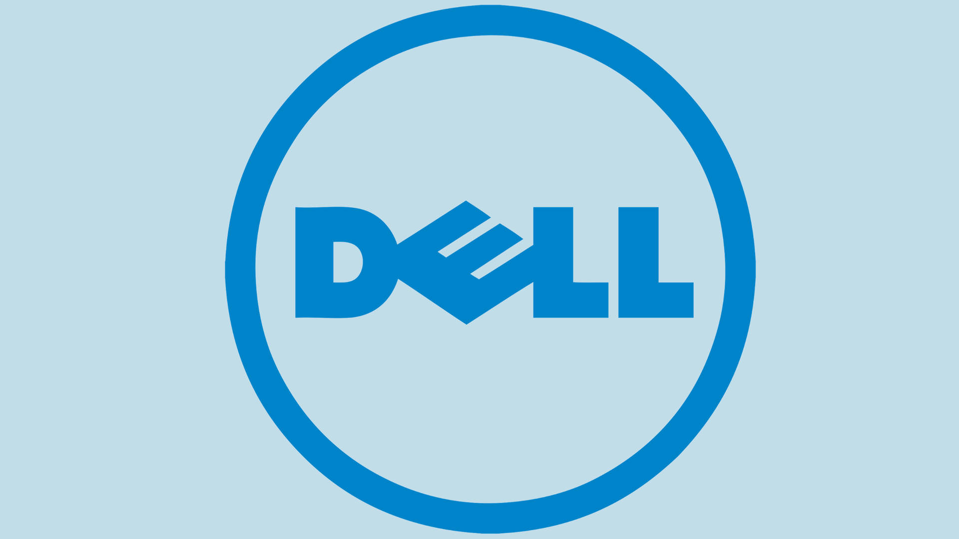 藍色圓圈內的Dell標誌，淺藍色背景。