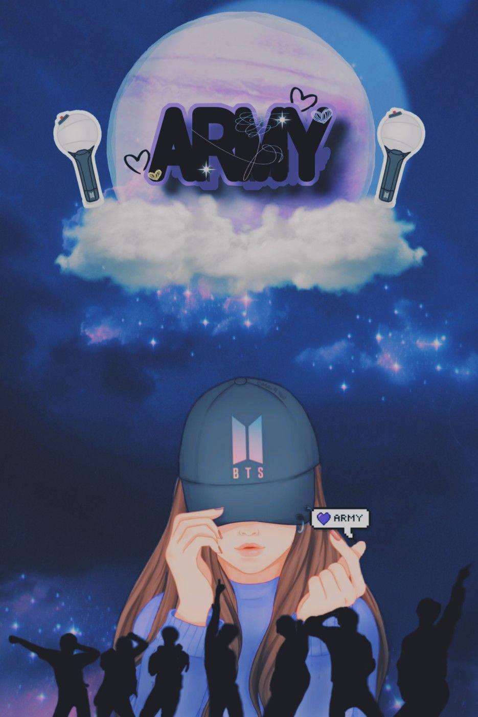 一位BTS粉絲戴著帽子，在星空下與月亮一起歡呼的應援棒和剪影。