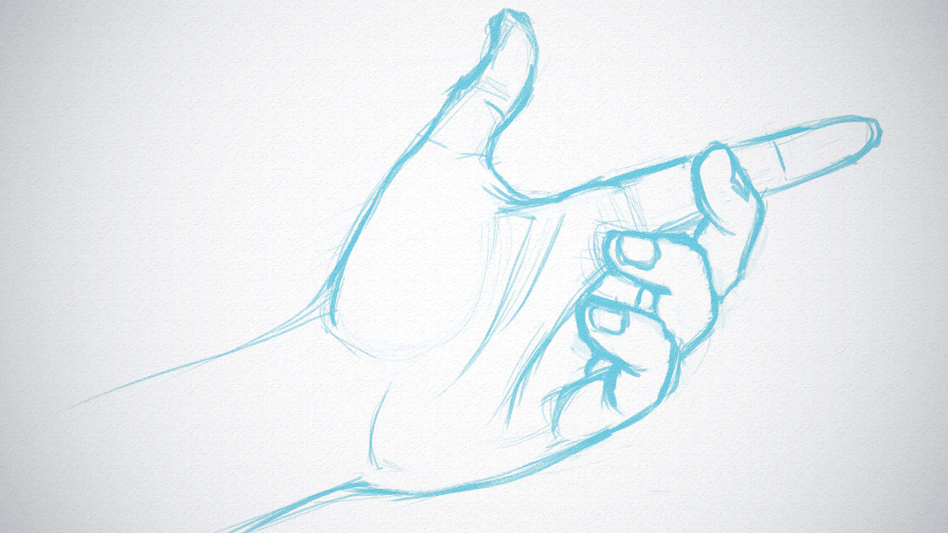 藍色手掌素描圖 壁紙 — 一隻以淺藍色墨水繪製的手部草圖，食指伸直指向前方，背景為純白色。