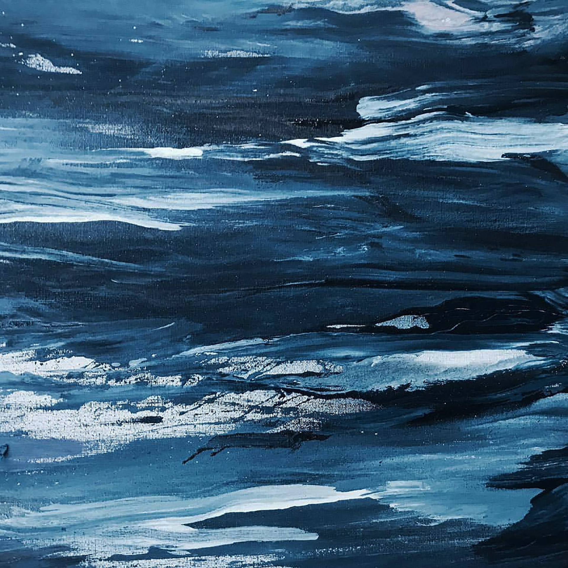 抽象的海浪，以深藍色和白色繪製，筆觸清晰可見。