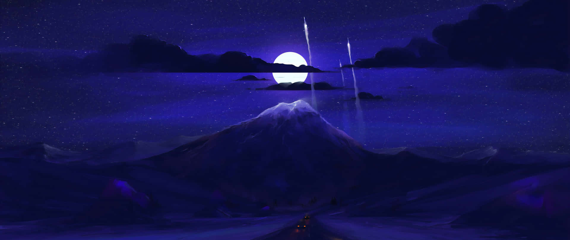 明亮的月亮和流星下的雪山，在繁星點點的夜空中。