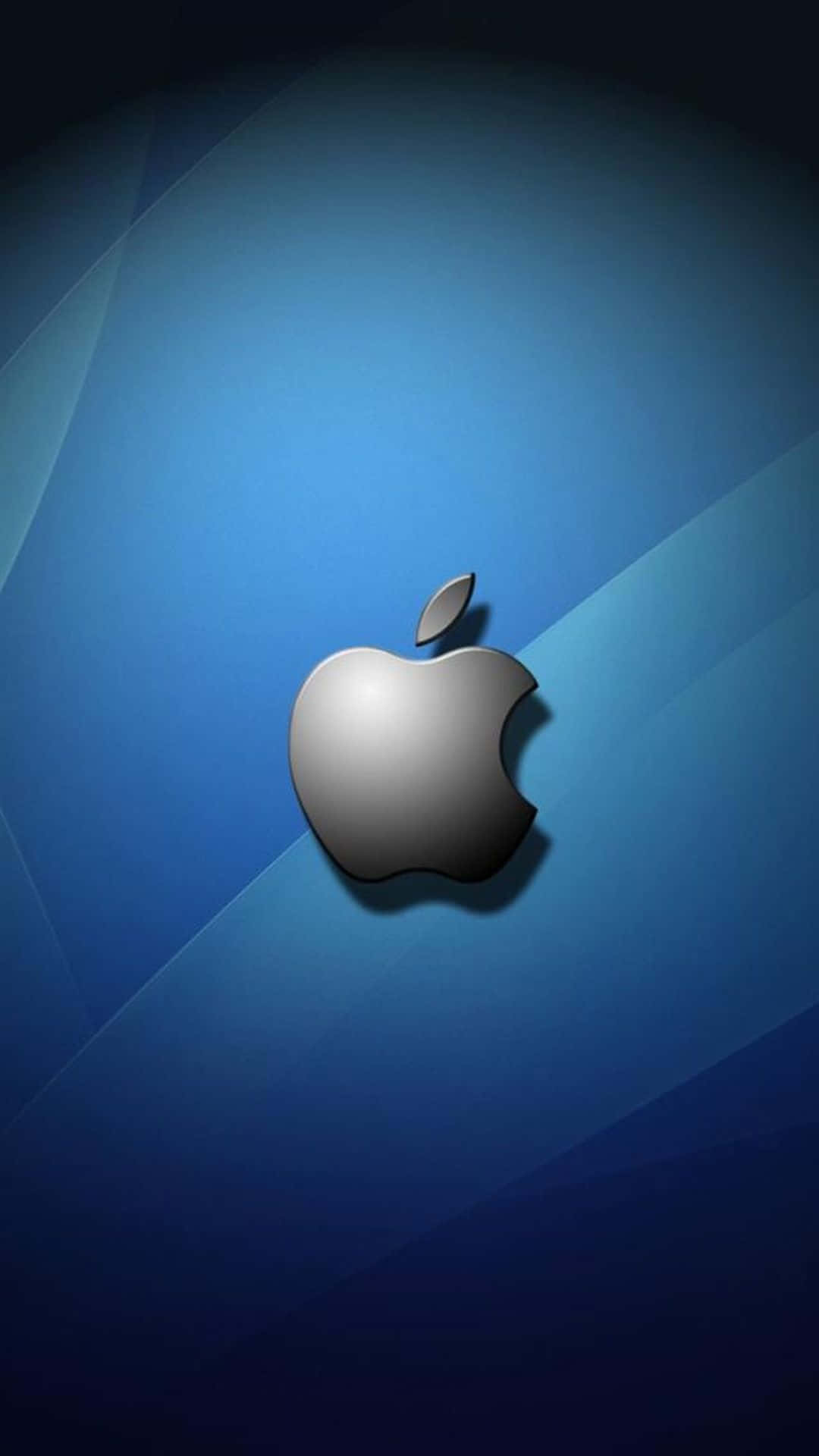 銀色Apple標誌在帶有光線條紋的藍色漸變背景上。