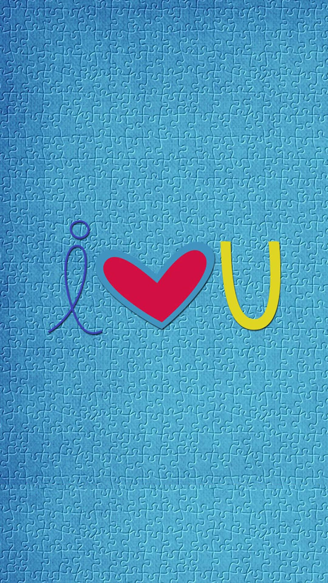 彩色 i love u 文字的藍色拼圖背景