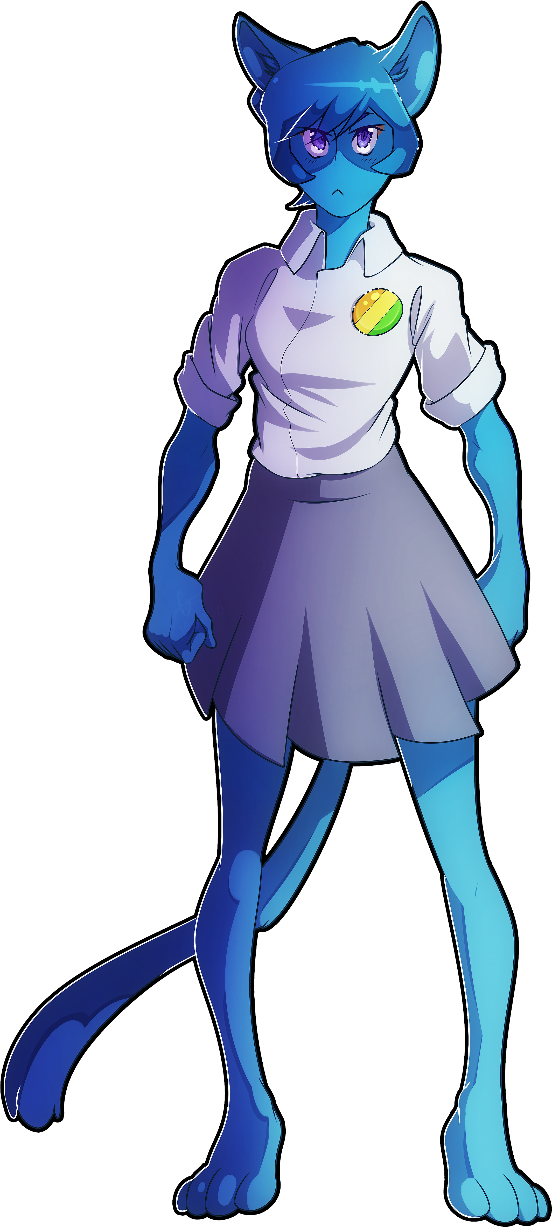 藍色擬人貓角色 壁紙 — 一個藍色毛髮的擬人化貓女，穿著白色襯衫和紫色裙子，自信地站在黑色背景前。