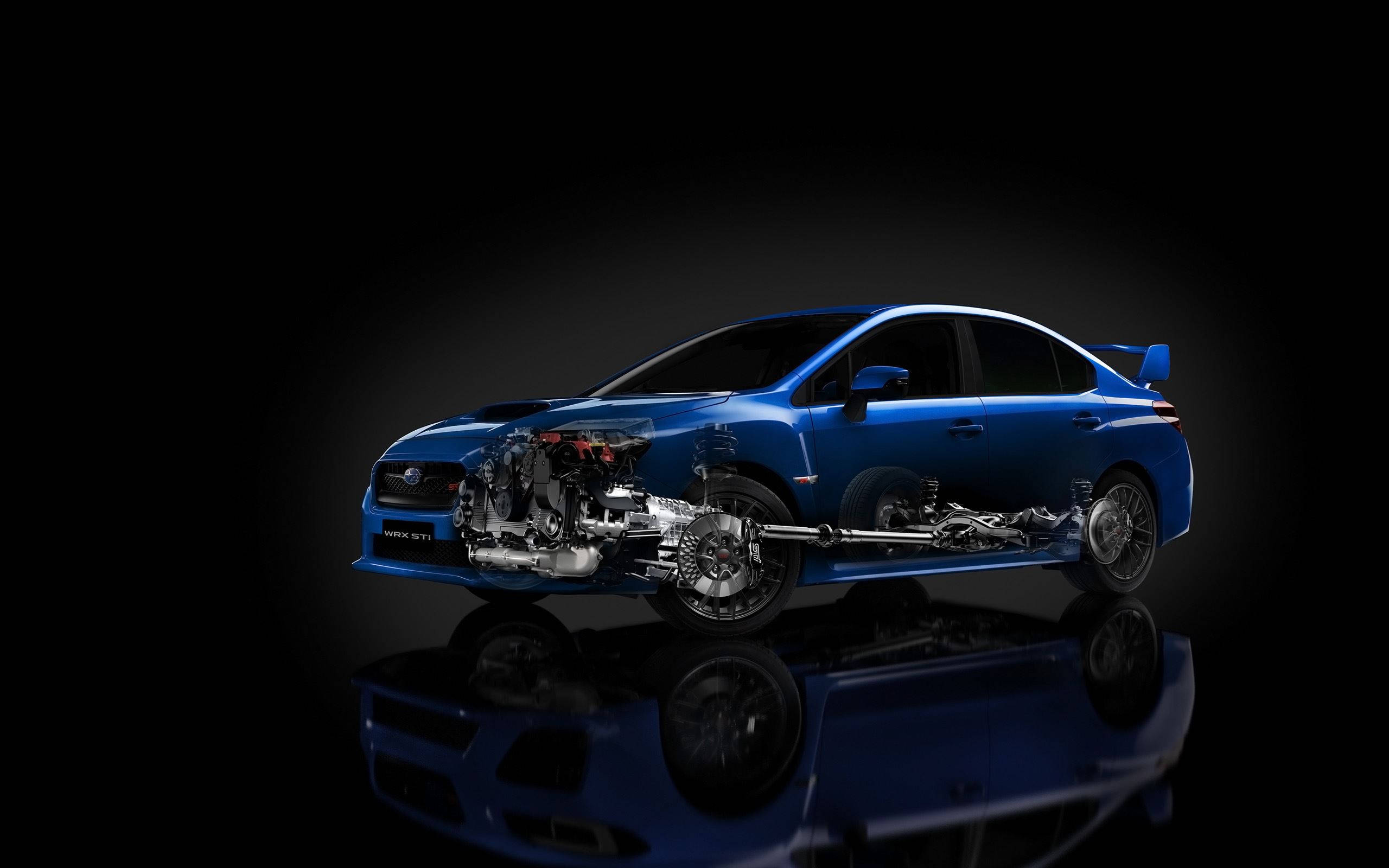 藍色斯巴魯Impreza X光零件圖 壁紙 — 一輛時尚的藍色Subaru WRX STI轎車，透明車身揭示複雜的引擎和底盤部件，背景為深色反光工作室。
