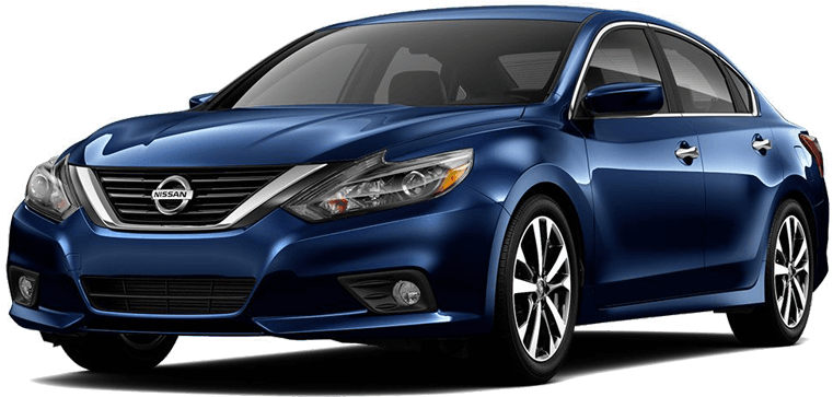 藍色日產轎車側面視圖 壁紙 — 一輛時尚的藍色日產房車在攝影棚燈光下閃耀，線條銳利，配備合金輪圈。