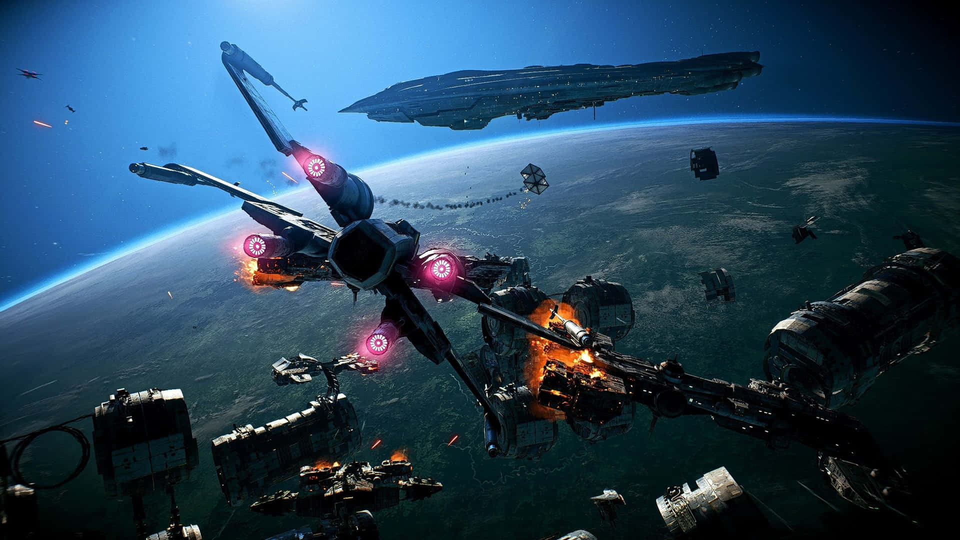X-wing Fighter 桌布 壁紙 — 藍色星球上空，星際戰機與巨型巡洋艦爆炸的激烈太空戰鬥。