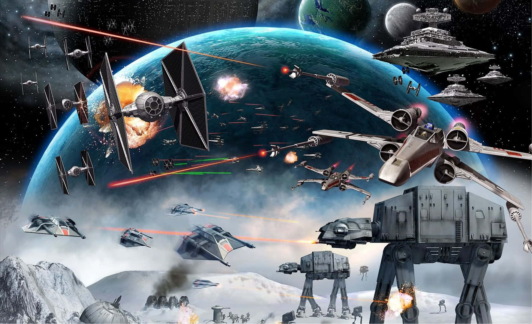 Jedha 桌布 壁紙 — 藍色星球上空激烈的太空戰鬥，星際戰機的激光爆炸和AT-AT步行機在雪地戰場上前進。
