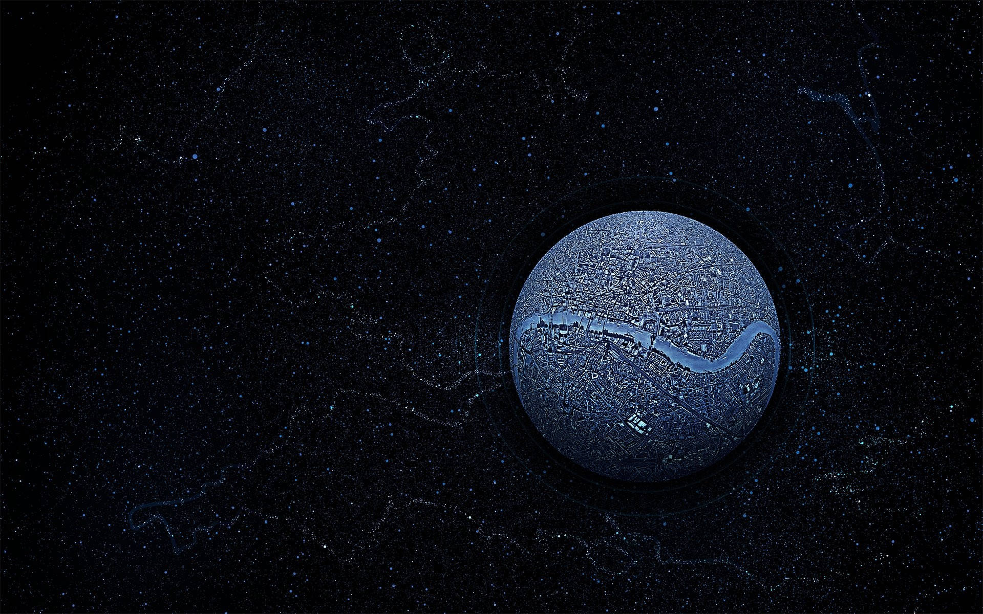 一顆藍色行星，帶有城市燈光和河流，漂浮在星際空間中。