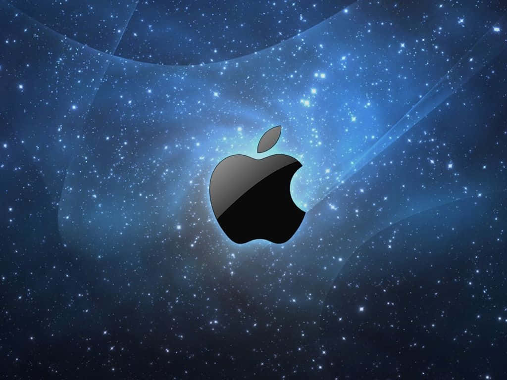 Apple標誌居中於星光藍色宇宙背景，帶有發光射線。