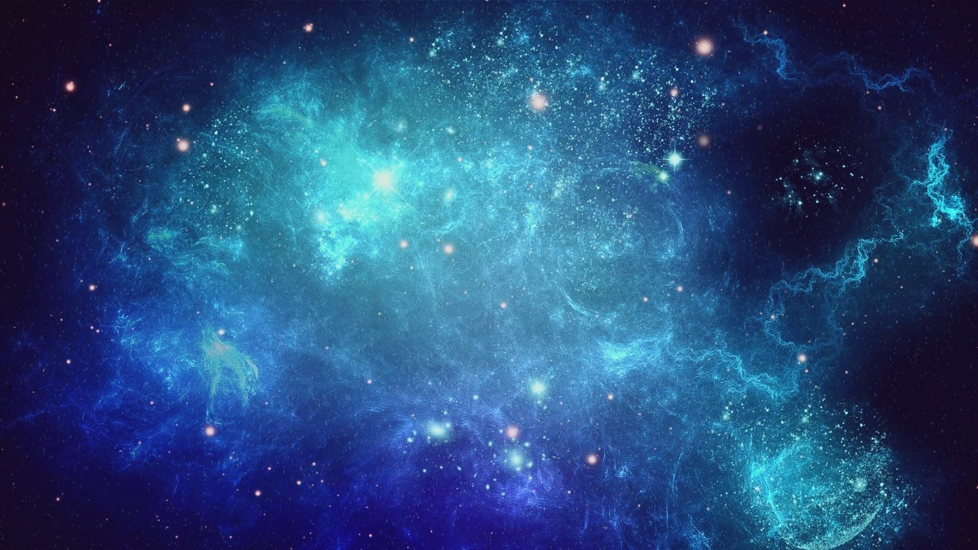 藍色星系太空 壁紙 — 一個充滿活力的宇宙星雲在佈滿星辰的黑暗虛空中旋轉著電藍色和藍綠色的氣體。