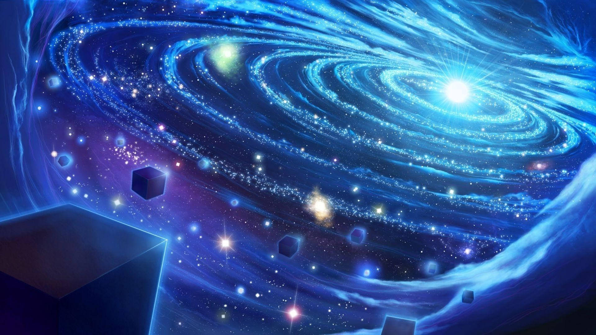 藍色星系浩瀚宇宙 壁紙 — 一個充滿活力的宇宙螺旋星系，在星空中旋轉，伴隨著發光的藍色星雲和漂浮的幾何立方體。