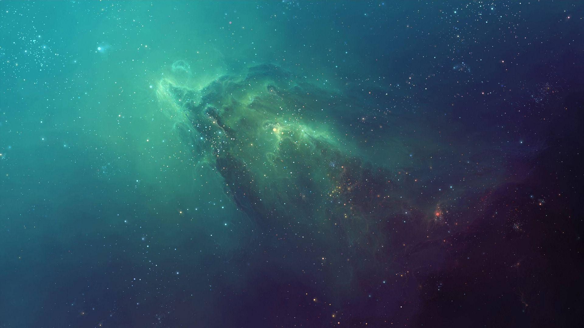 藍色星系空間漩渦 壁紙 — 宇宙星雲在深空星場中散發著青綠色和紫色的光芒。