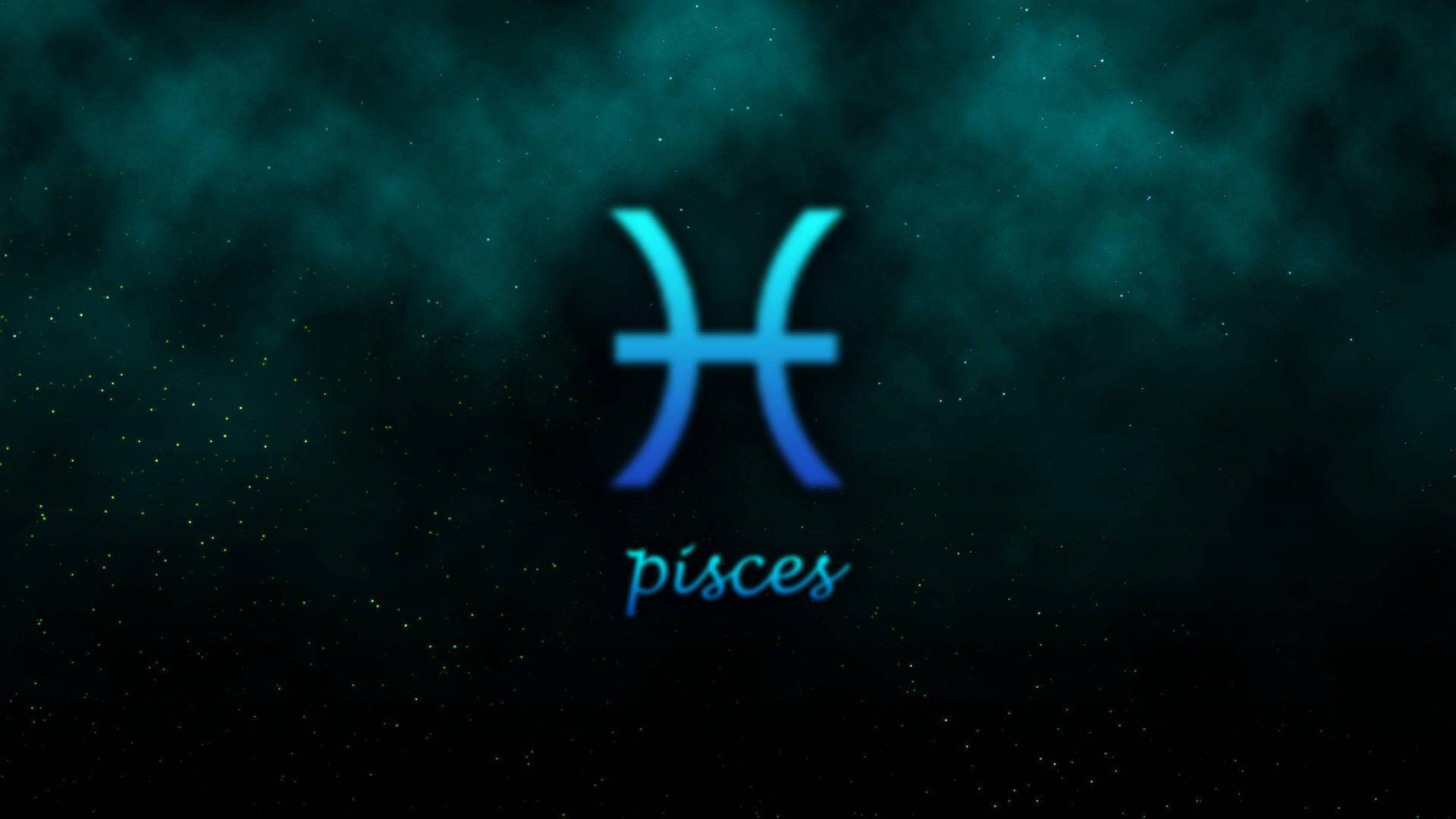 藍色星系雙魚座符號 壁紙 — 一個發光的藍色雙魚座符號漂浮在深藍綠色星空宇宙背景上，伴隨著柔和的霧狀雲層。