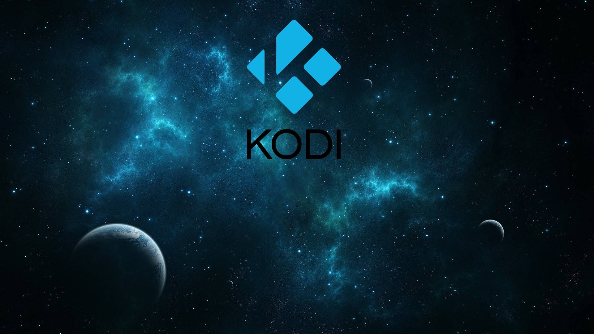 Kodi 標誌漂浮在佈滿星星的太空場景中，有藍色星雲和行星。