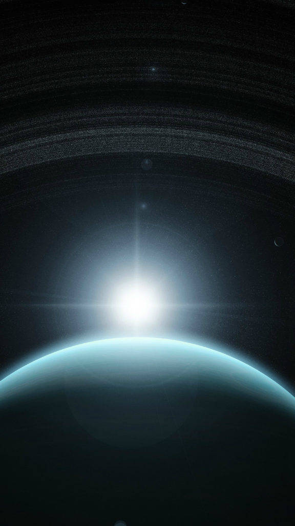藍色星際光線太空手機壁紙 壁紙 — 一顆發光的太陽在一個帶有微弱光環的藍色行星上升起，光芒穿越宇宙虛空。
