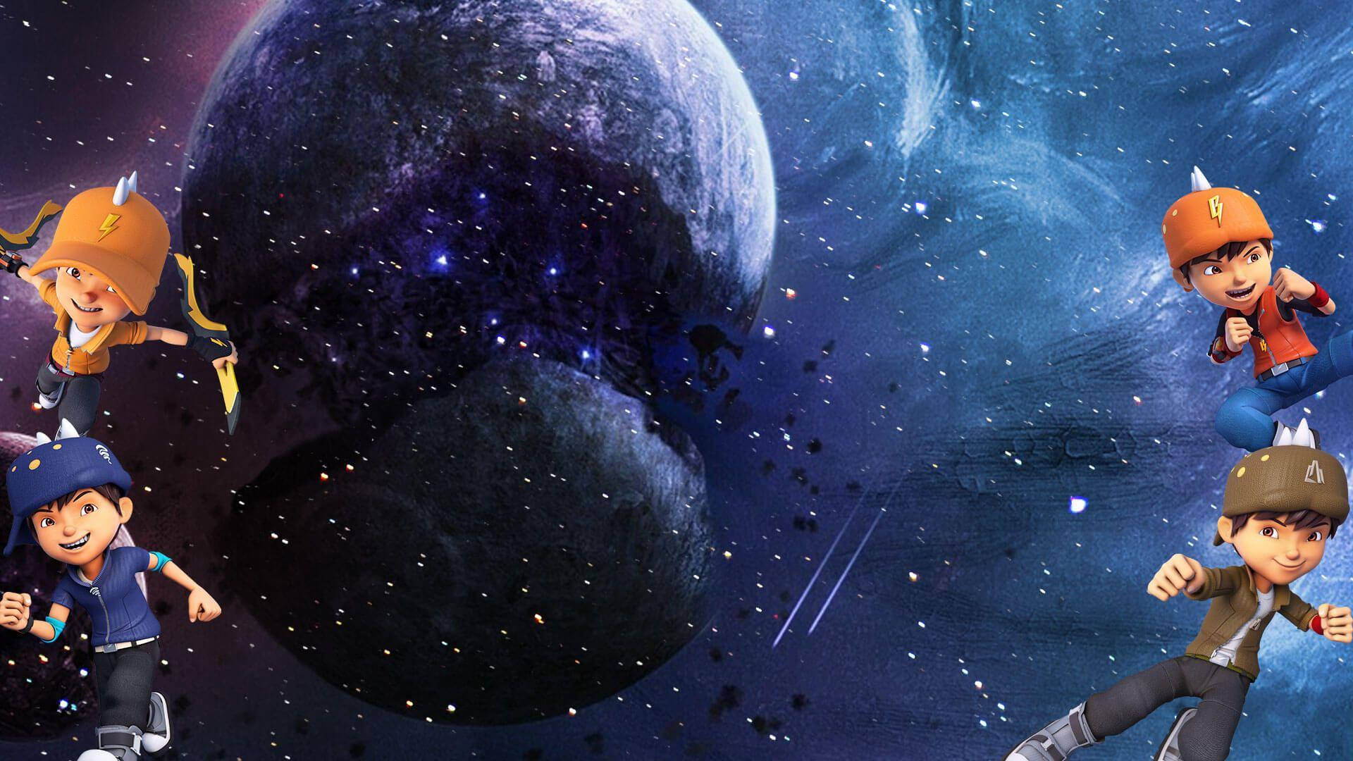 三個穿著斗篷的動畫男孩在巨大行星附近的太空中飛行。