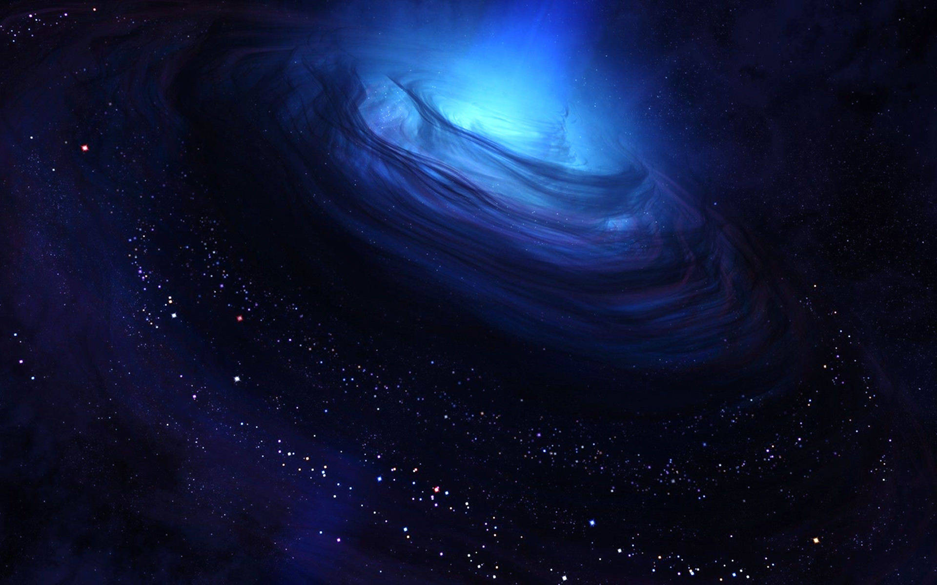 一個發光的藍色螺旋星系，被深空中遙遠的星星包圍。