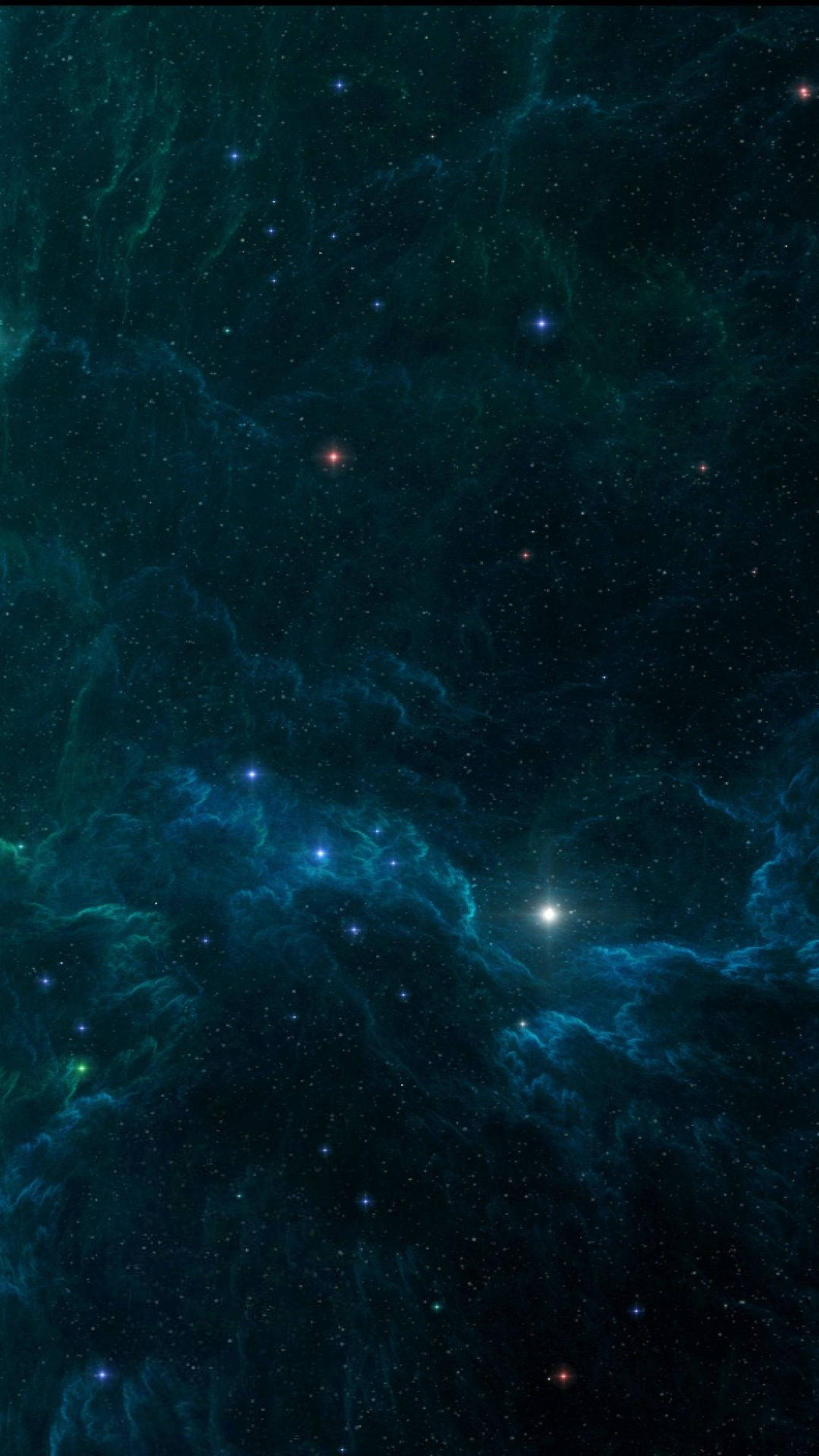 在深空中，充滿活力的藍綠色和藍色宇宙星雲，帶有發光的星星。
