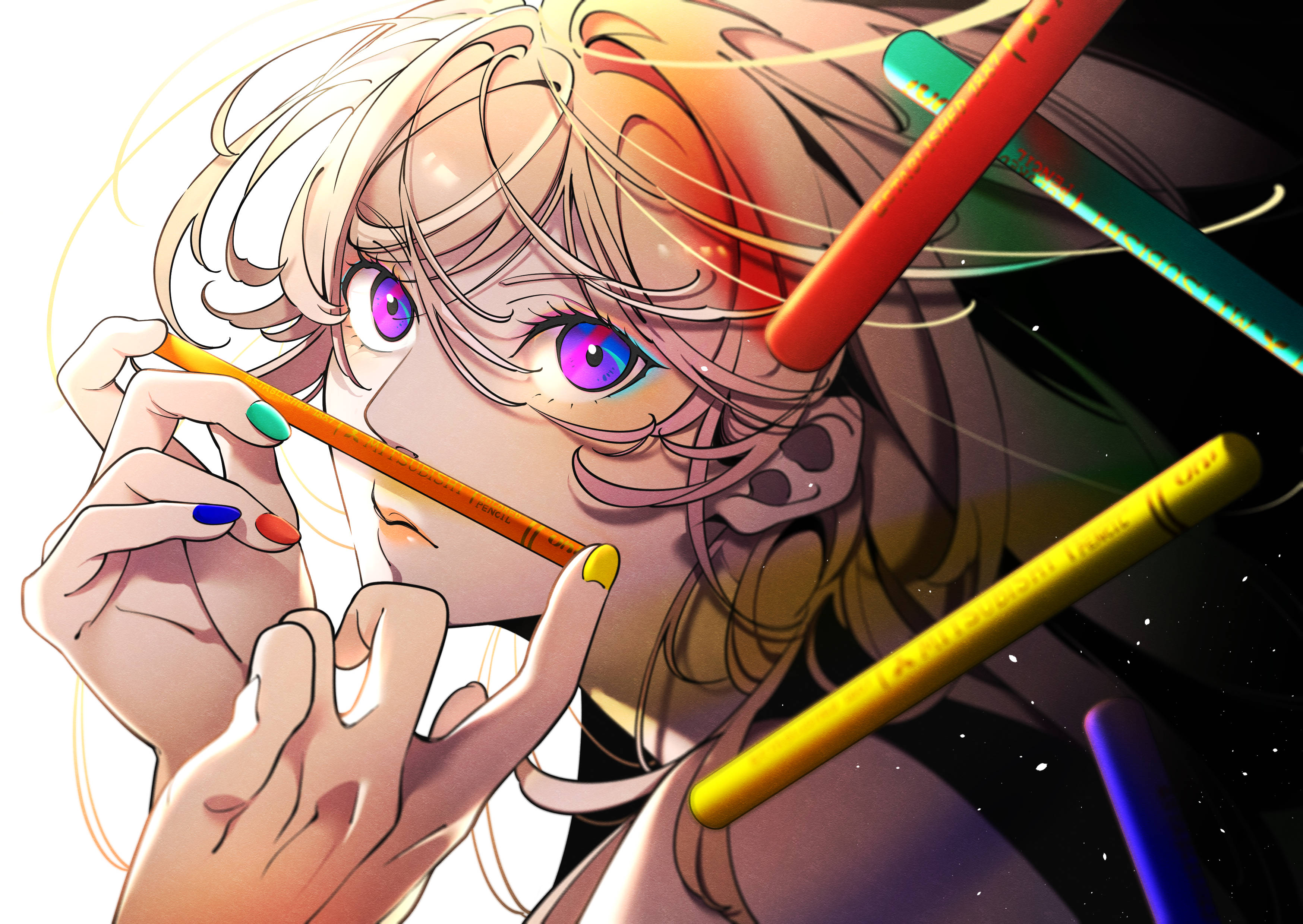 藍色時期 美麗的有川龍二 壁紙 — 擁有紫色眼睛和彩色指甲的動漫女孩，在星空背景下被漂浮的蠟筆包圍，手持鉛筆。