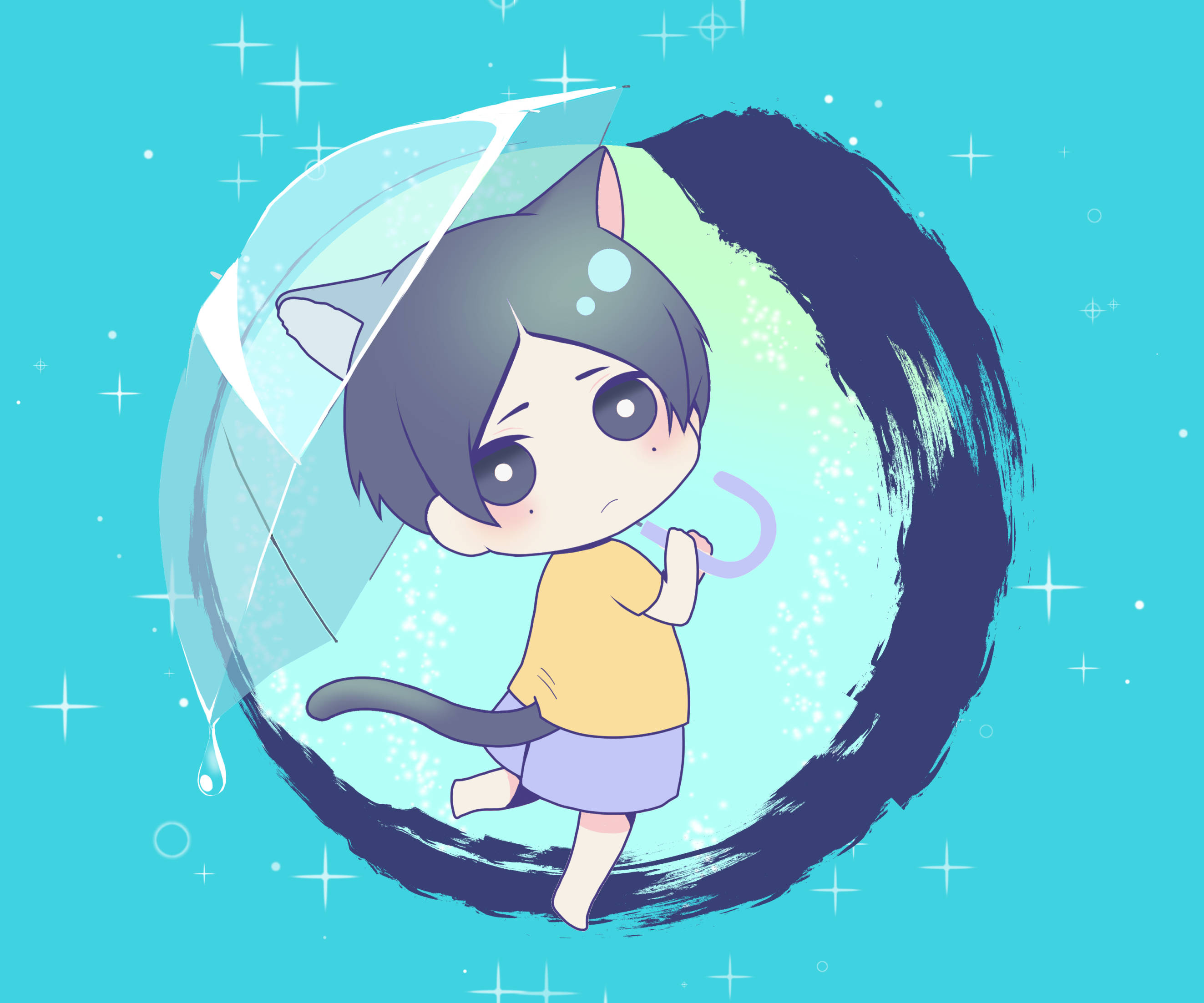 藍色時期的高橋優太撐傘 壁紙 — 一個拿著透明雨傘的Q版貓男孩站在發光的傳送門中，背景是閃閃發光的青綠色。