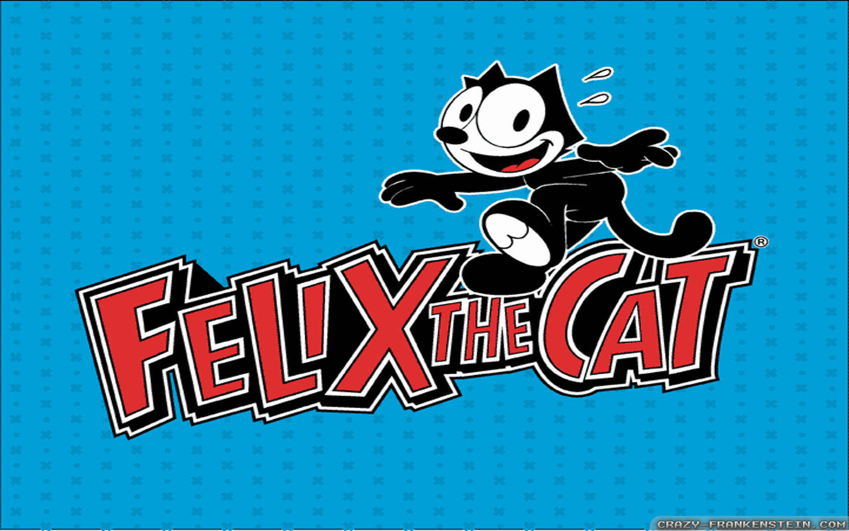 卡通角色 Felix the Cat 在藍色背景上跳躍在他的名字標誌上方。