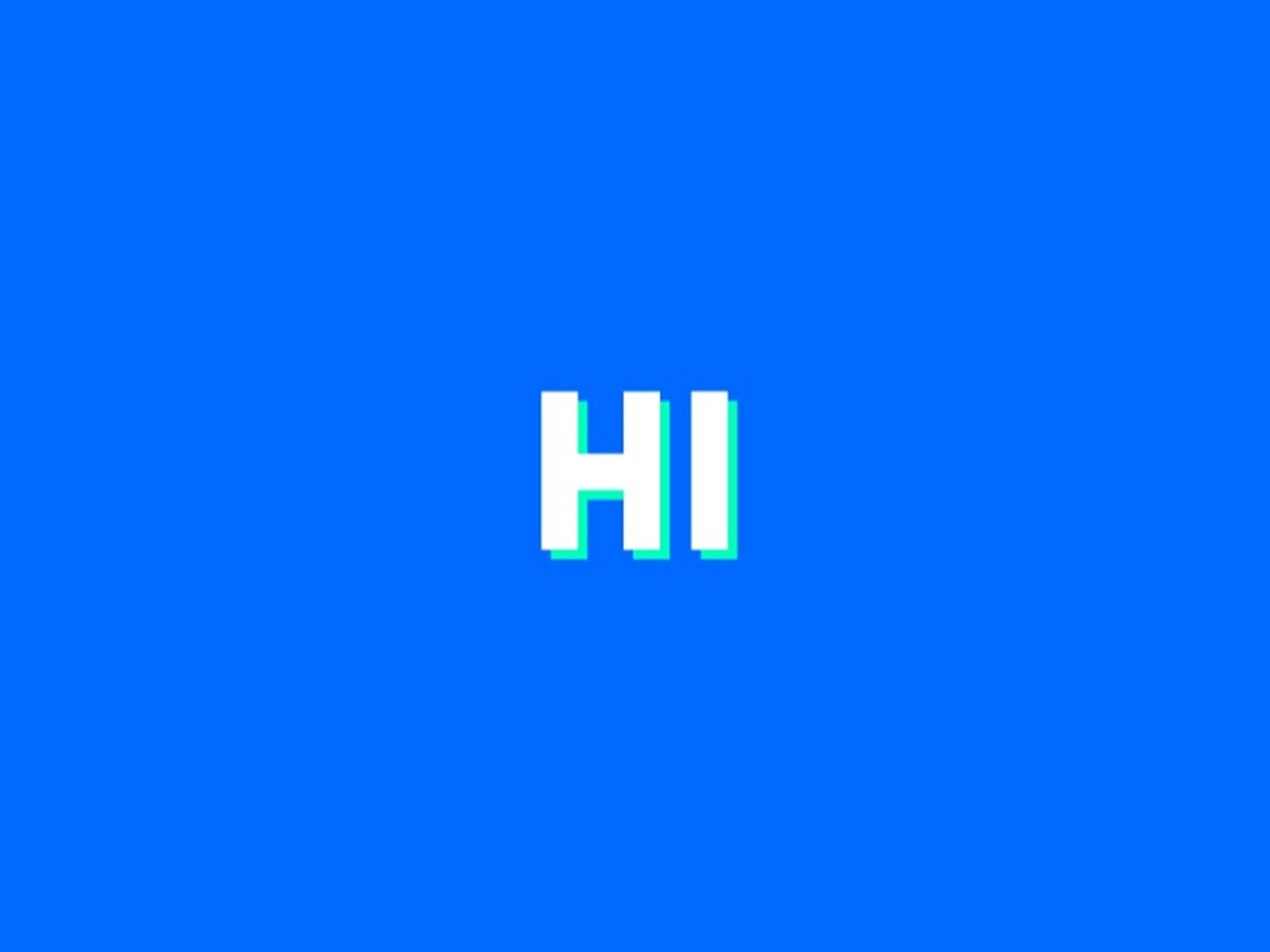 藍色背景上帶有綠色故障效果的像素化白色文字HI