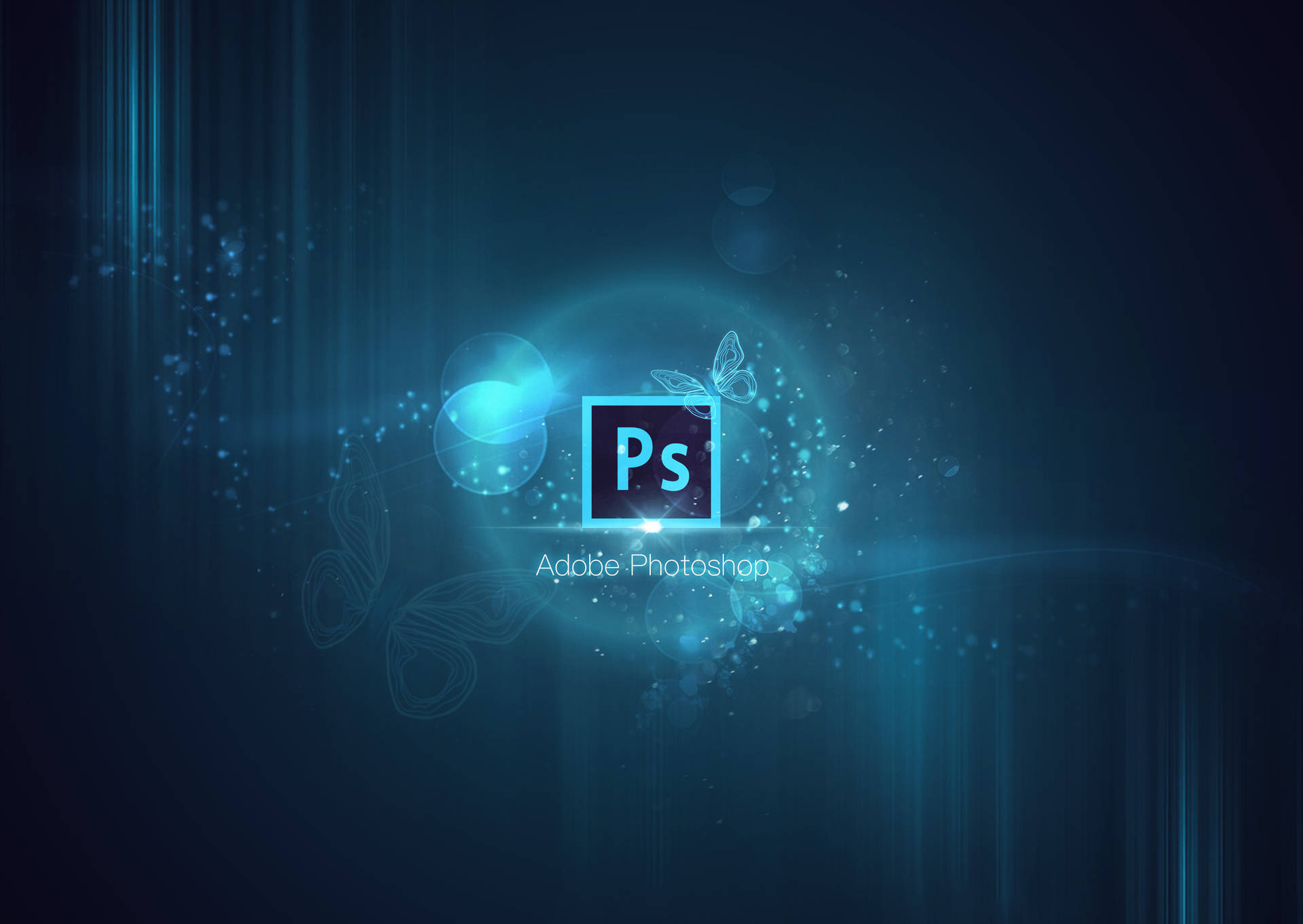 發出藍光的 Adobe Photoshop 標誌和蝴蝶輪廓。