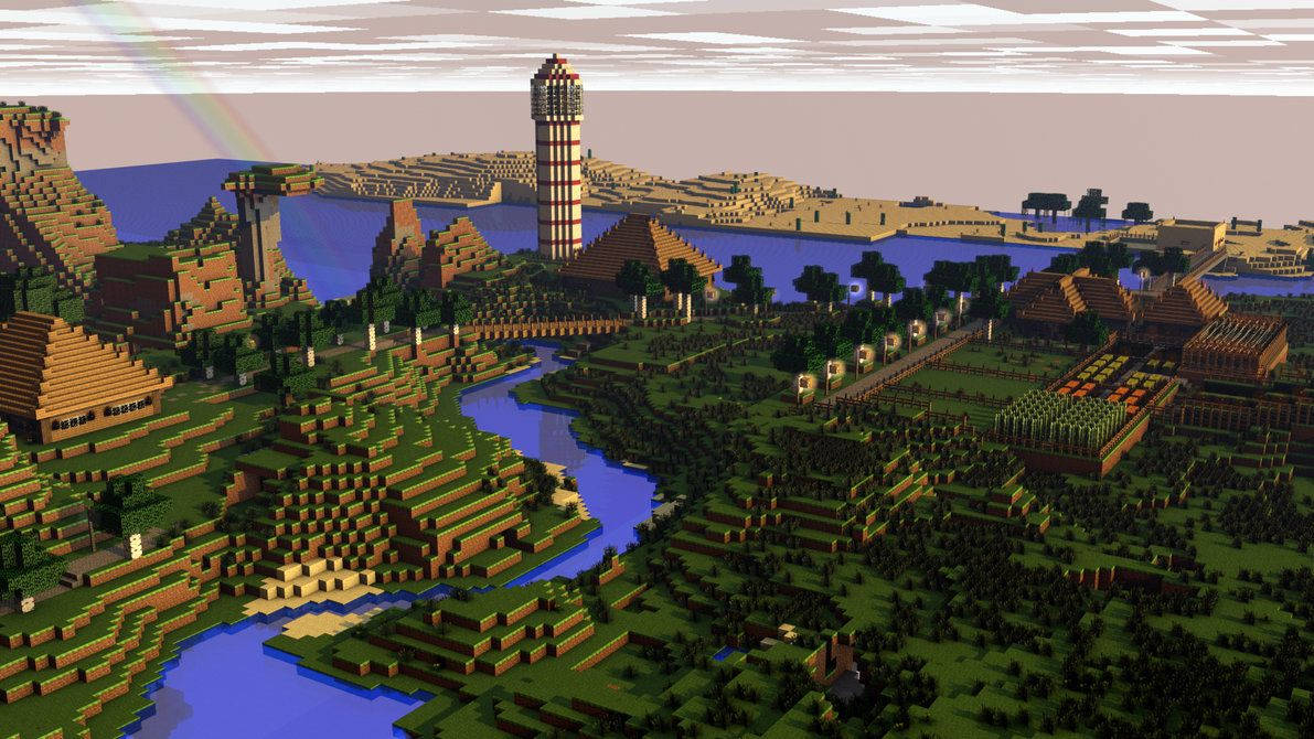 一個有河流、森林、金字塔和日落時彩虹的Minecraft世界。